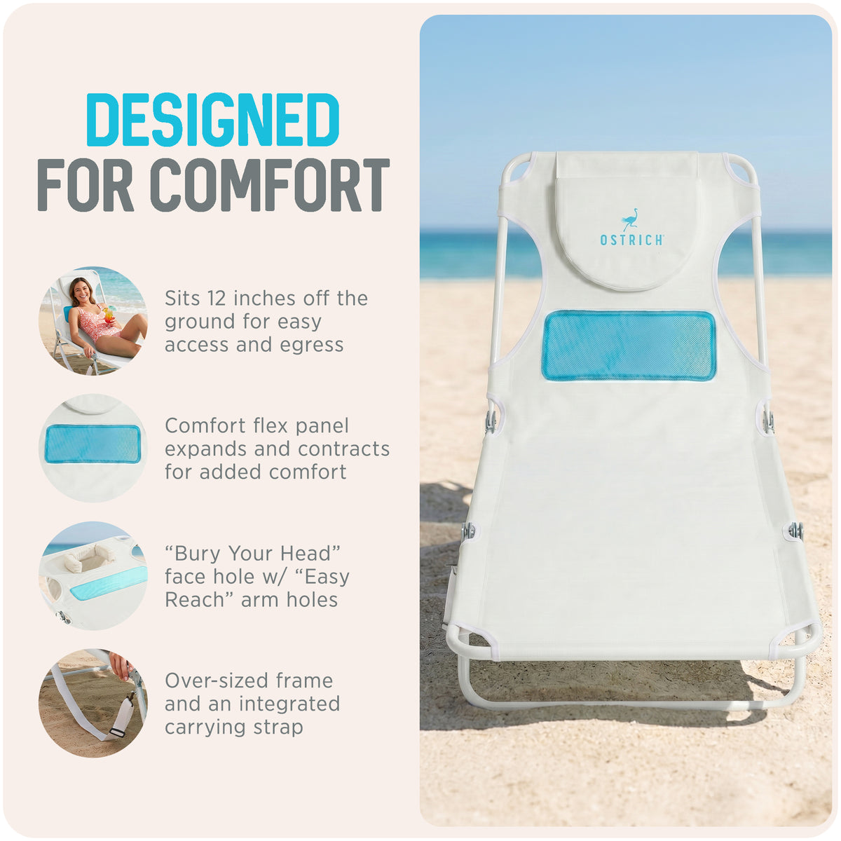 Ostrich Comfort Lounger, Foldable Beach Camping Pool Tanning Chair (Open Box)
