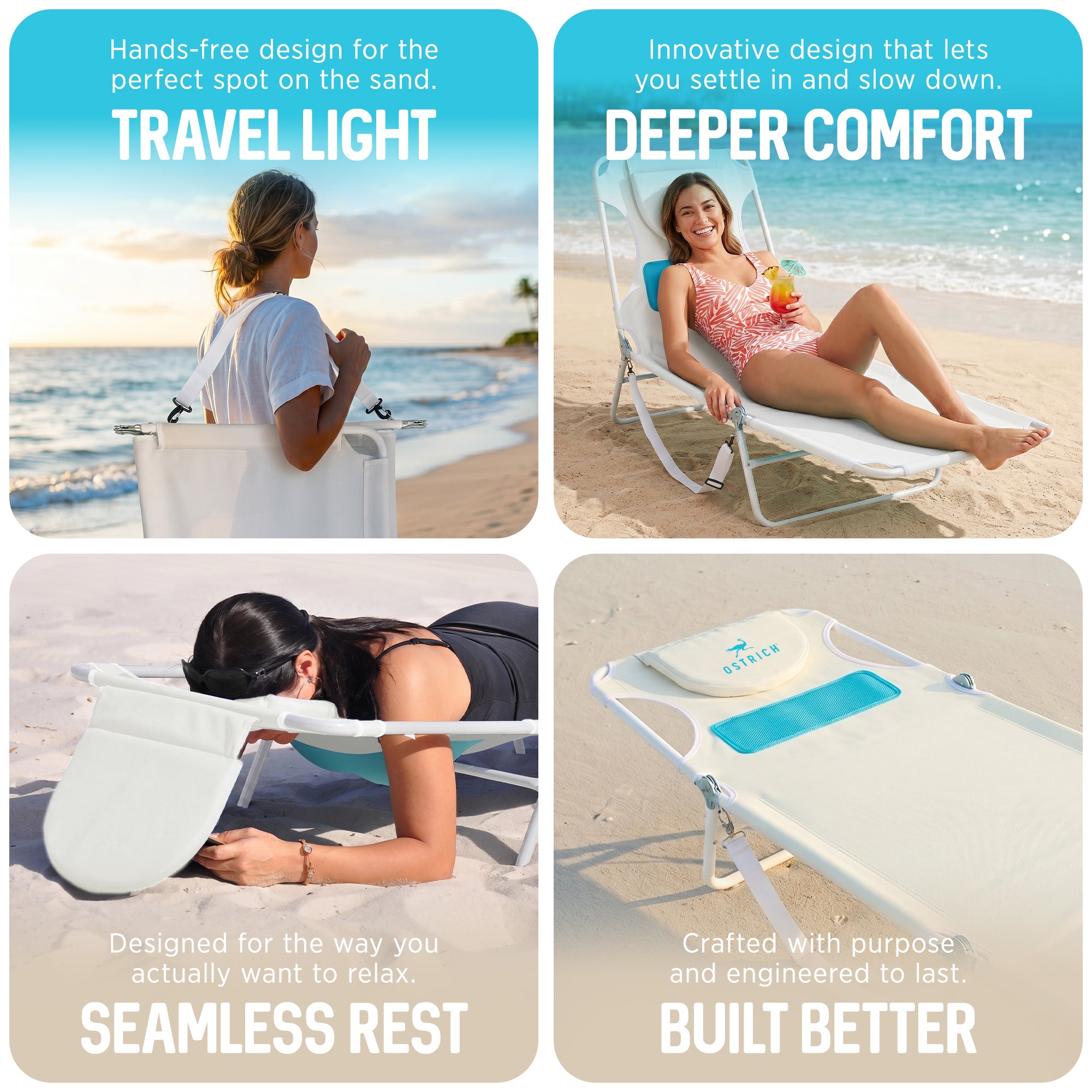 Ostrich The Ladies Comfort Lounger, Foldable Beach Pool Tanning Chair, White