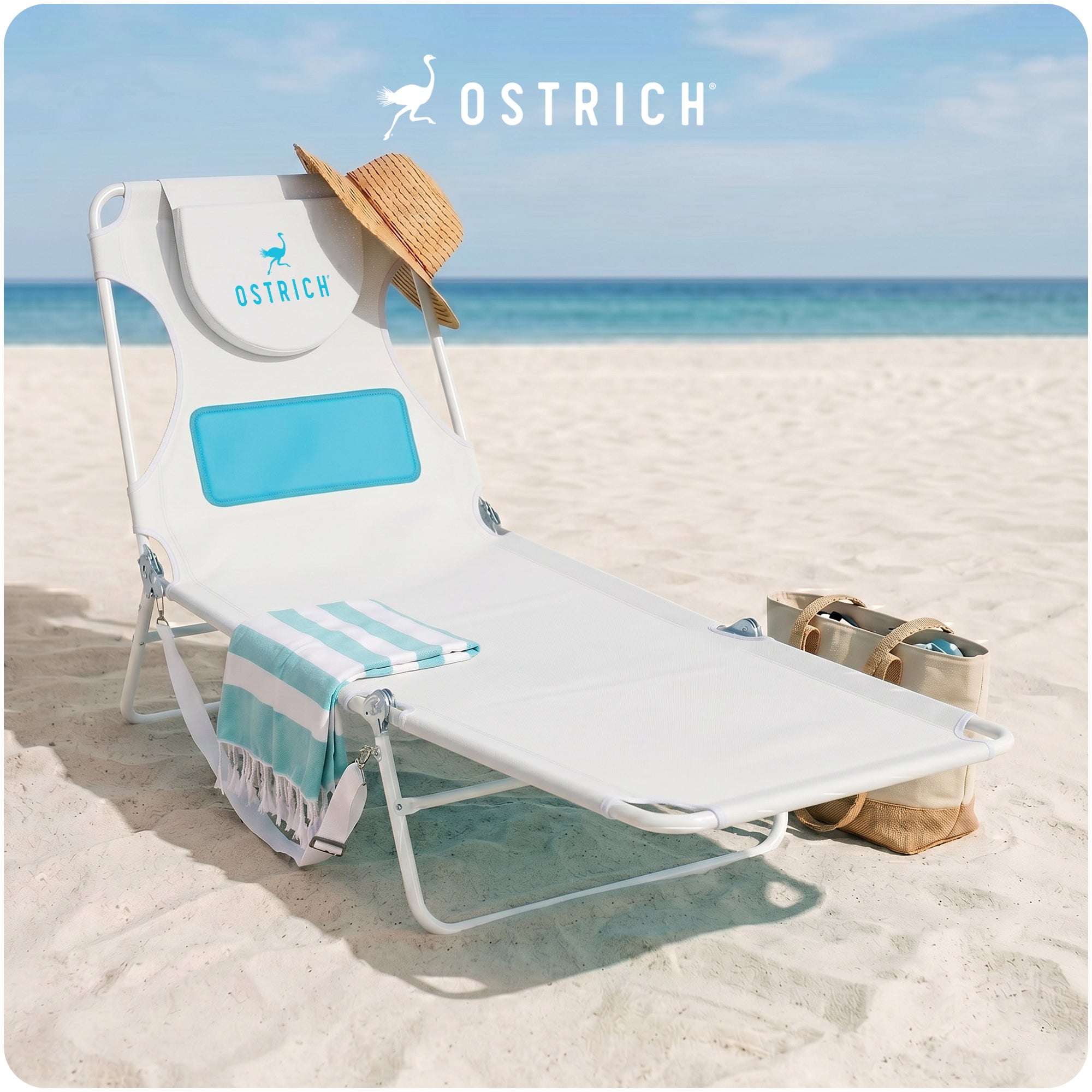 Ostrich The Ladies Comfort Lounger, Foldable Beach Pool Tanning Chair, White