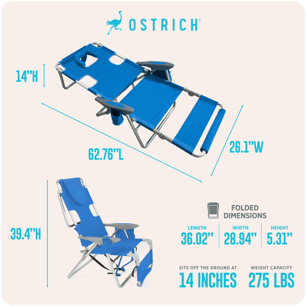 Ostrich 3 In 1 Chair Cooler Bag & Reclining Lounger, Royal Blue (Open Box)