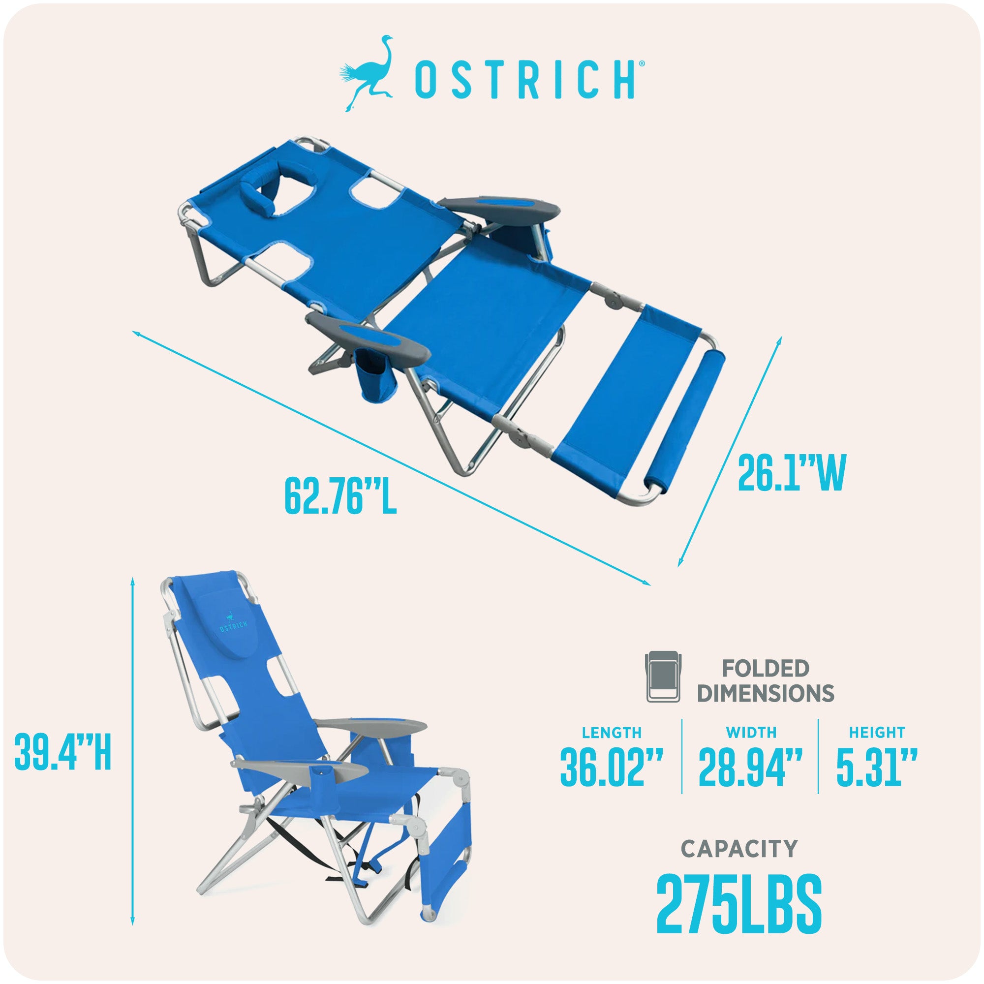 Ostrich The Backpack 3N1 Portable Chair Cooler Bag Reclining Lounger, Royal Blue