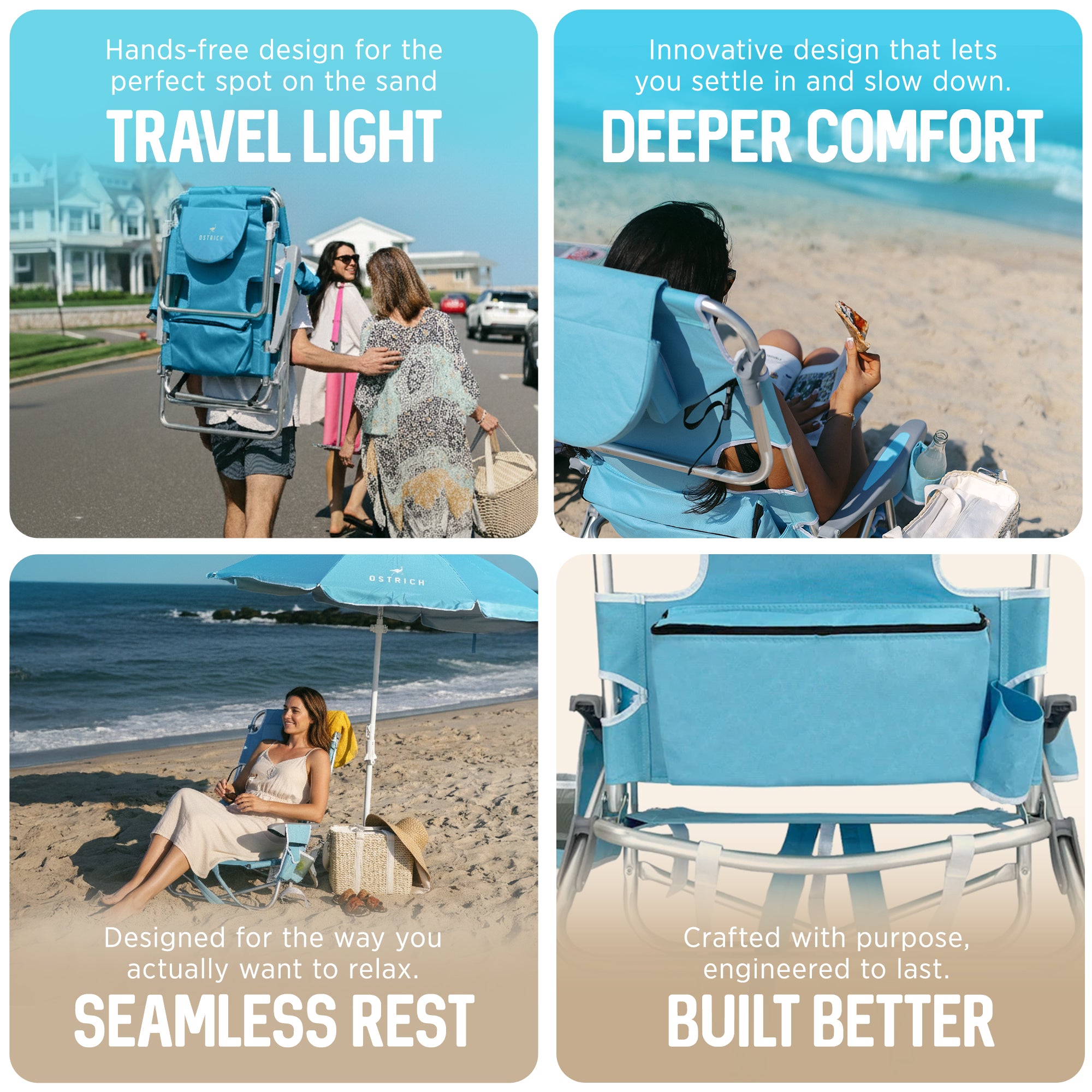 Deltess Ostrich Deluxe On Your Back Aluminum Chair w/Cooler Bag,Light Blue(Used)