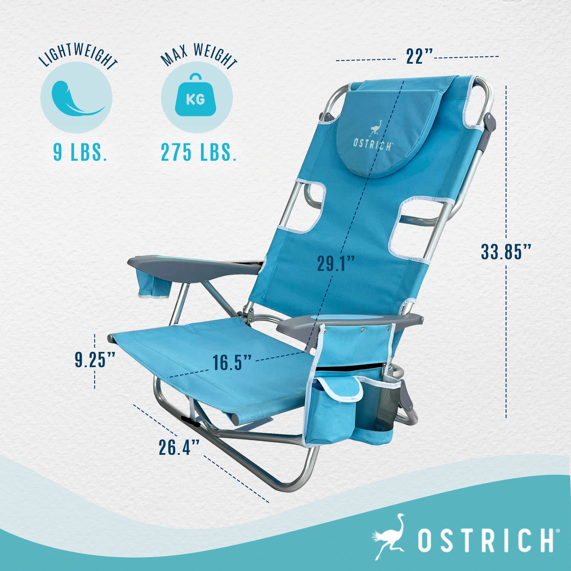 Deltess Ostrich Deluxe Aluminum Chair w/Cooler Bag, Light Blue (Open Box) - VMInnovations