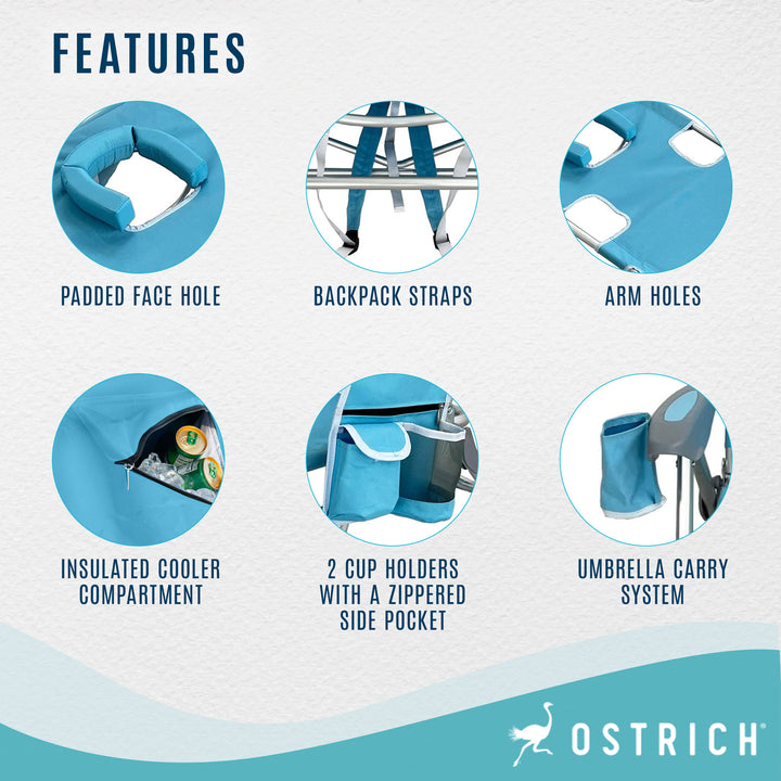 Deltess Ostrich Deluxe On Your Back Aluminum Chair with Cooler Bag, Light Blue - VMInnovations