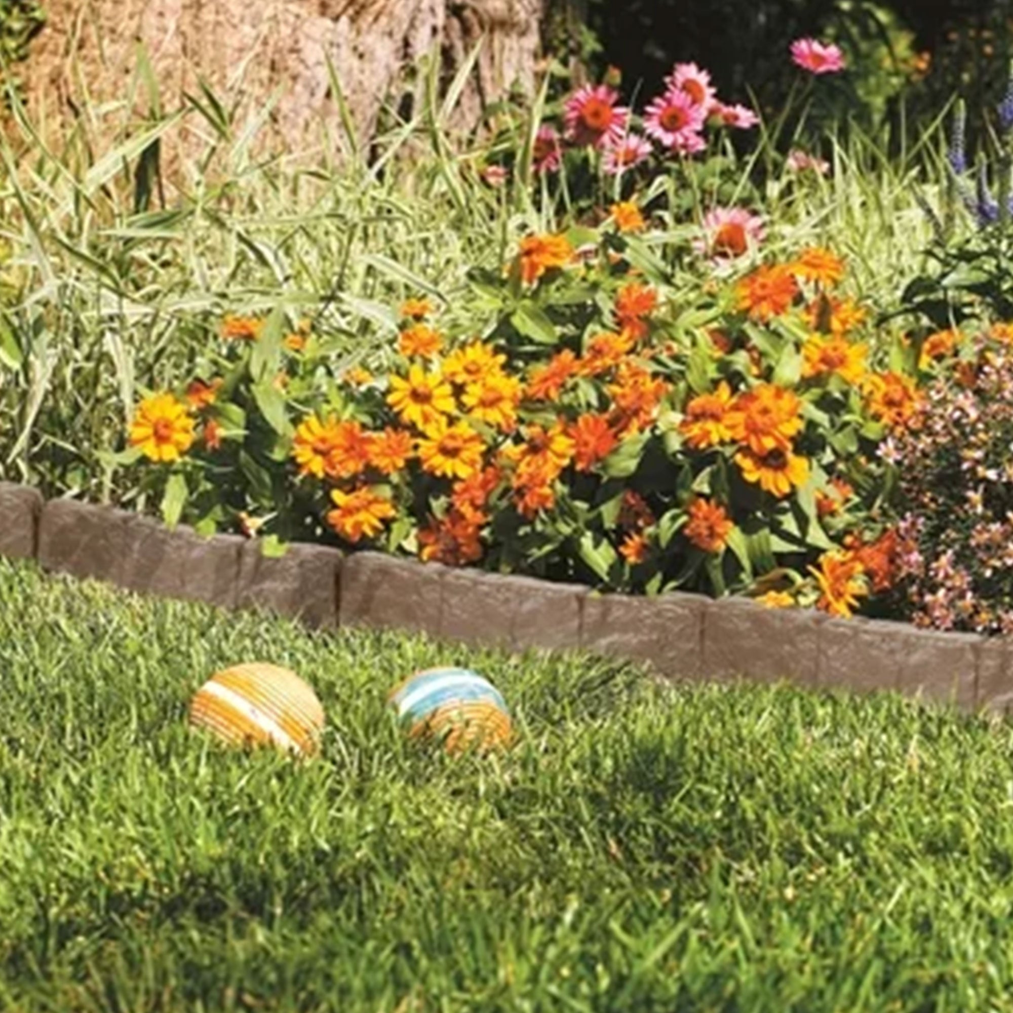 Suncast Plastic Border Stone Edging for Enclosing Flower Beds or Garden, Brown - VMInnovations