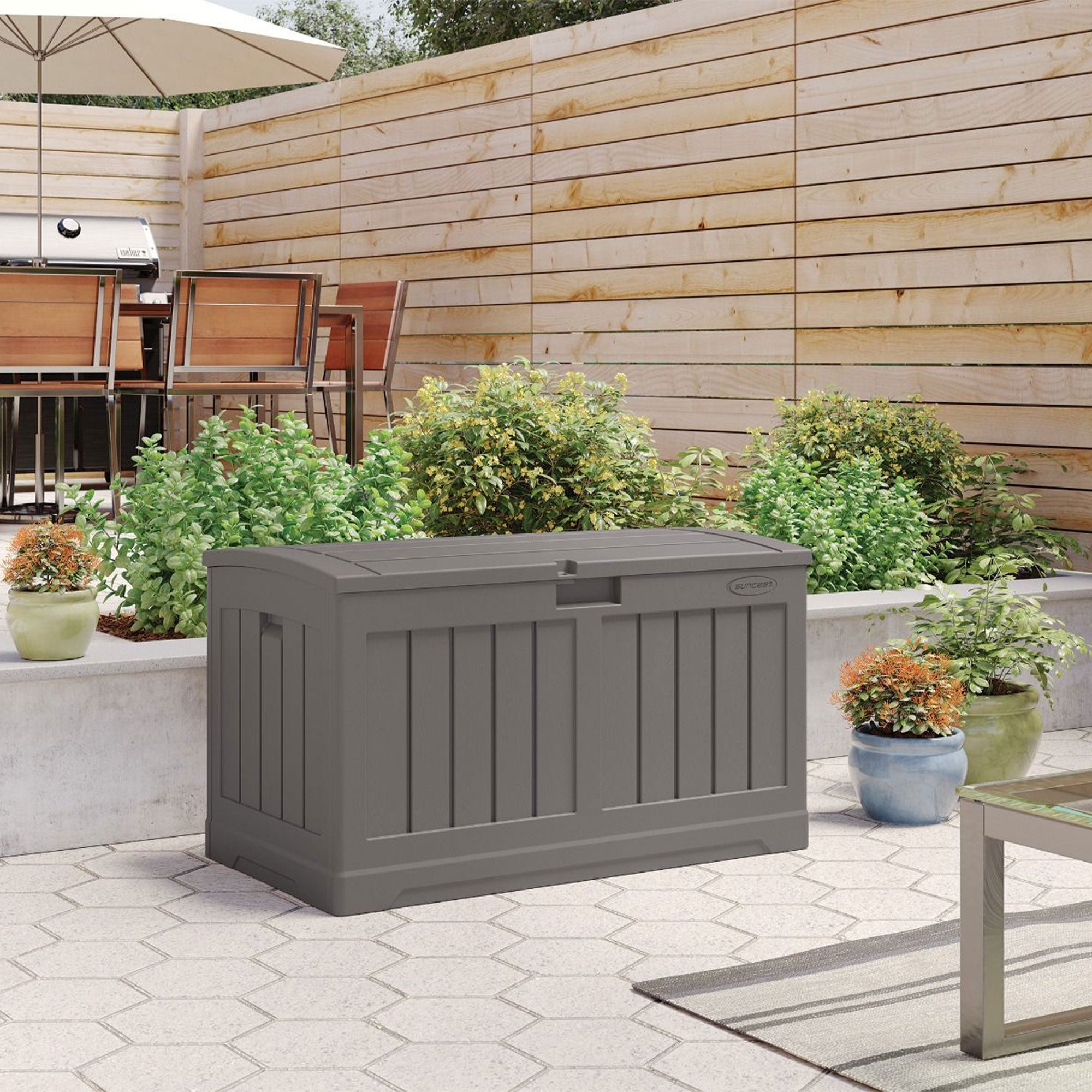 Suncast 50 Gallon Plastic Deck Box with Molded Lockable Feature for Home, Gray - VMInnovations