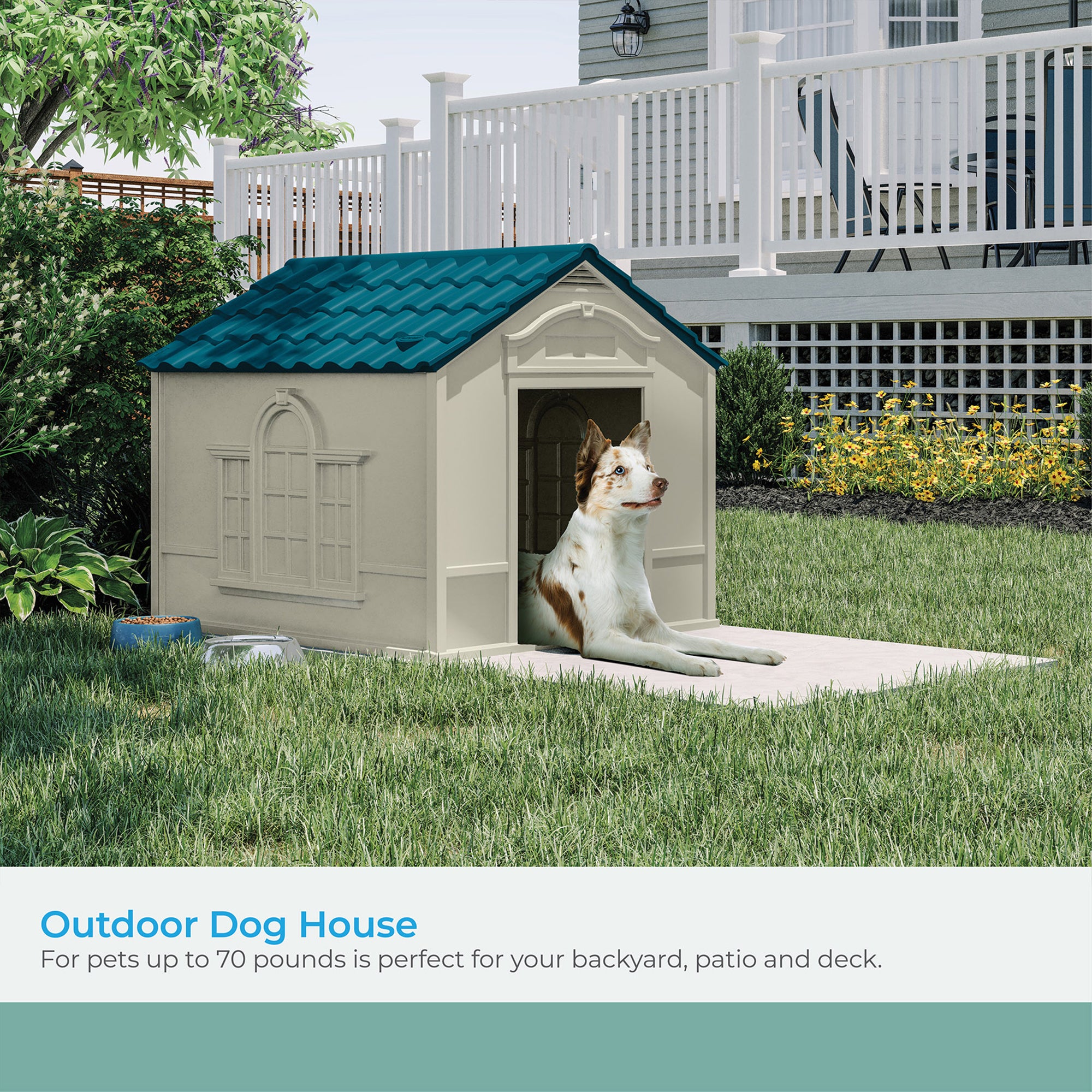 Suncast Deluxe Dog House with Vents and Crowned Channeled Floor, Taupe/Blue - VMInnovations