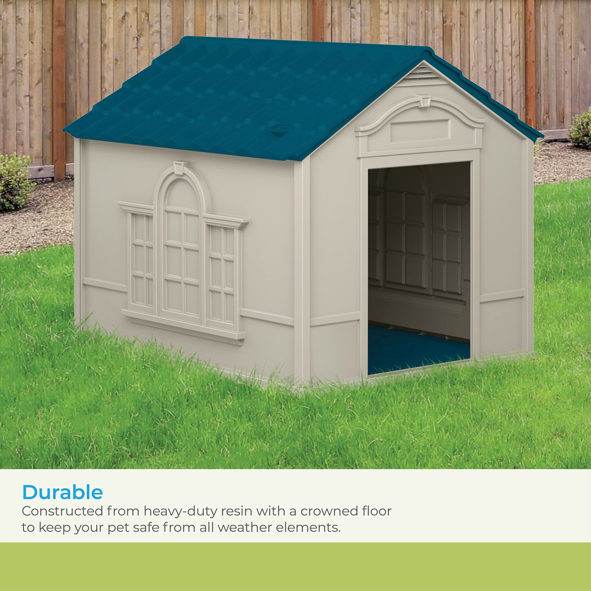 Suncast Deluxe Dog House with Vents and Crowned Channeled Floor, Taupe/Blue - VMInnovations