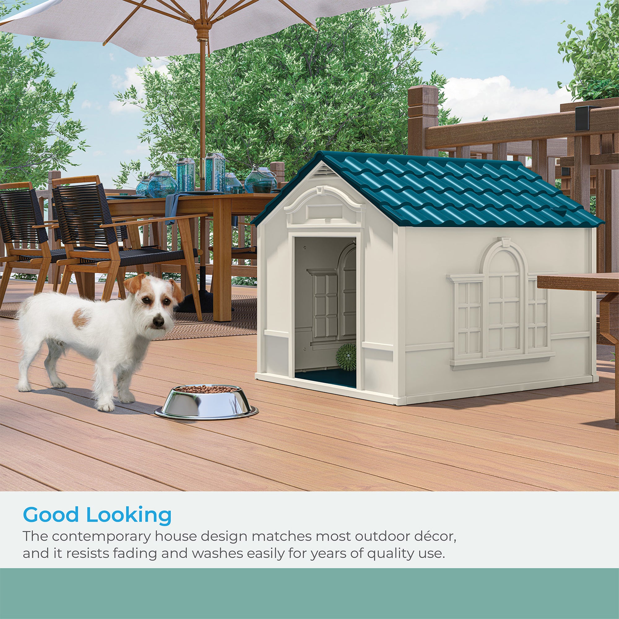 Suncast Deluxe Dog House with Vents and Crowned Channeled Floor, Taupe/Blue - VMInnovations