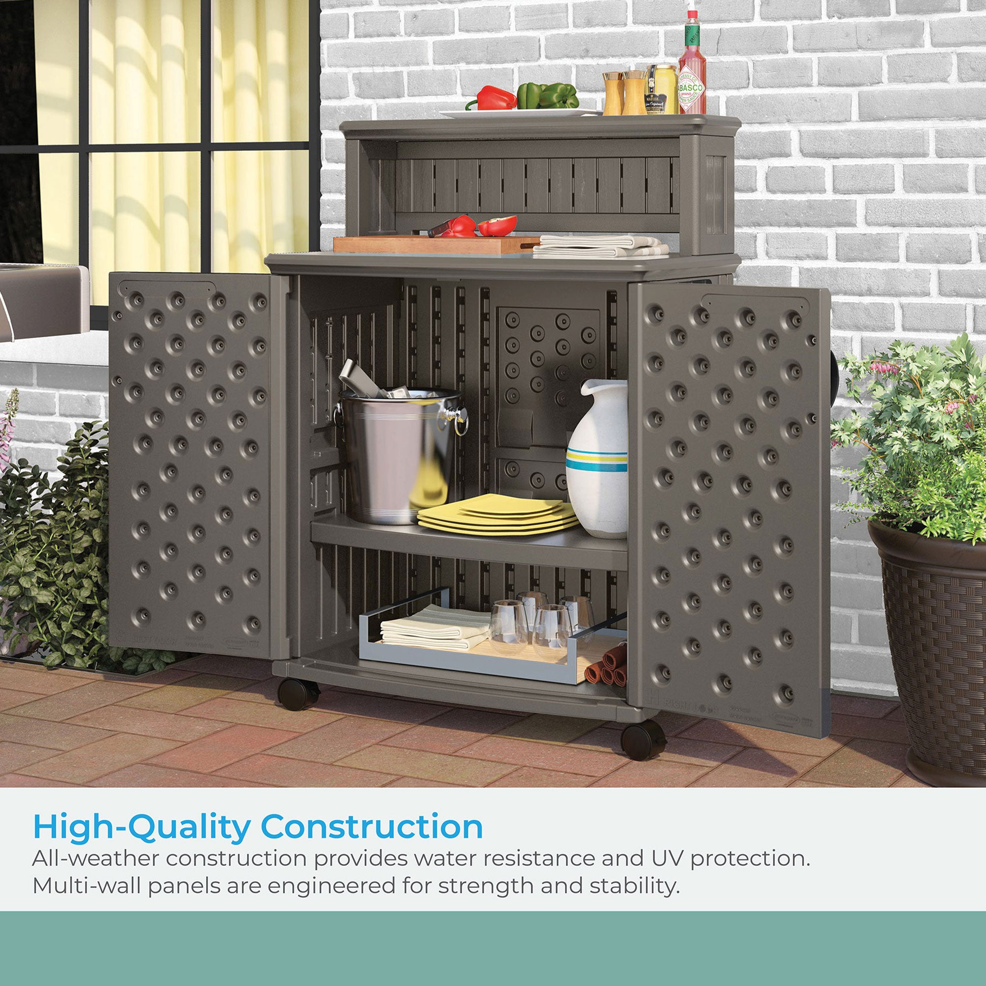 Suncast Patio Plastic Storage and Prep Station with Wicker Pattern, Stoney Gray - VMInnovations