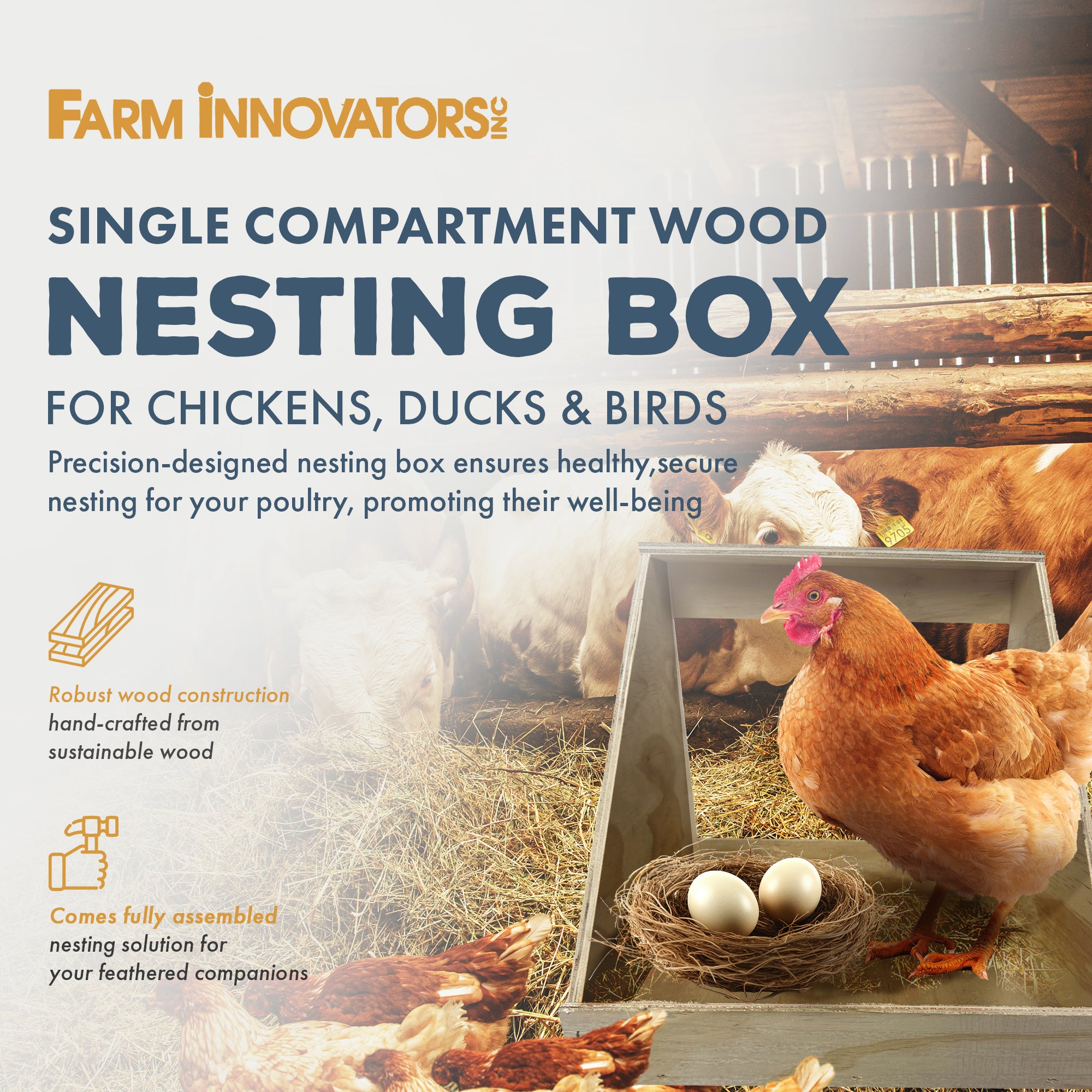 Farm Innovators Single Compartment Wood Nesting Box for Chickens, Ducks & Birds - VMInnovations