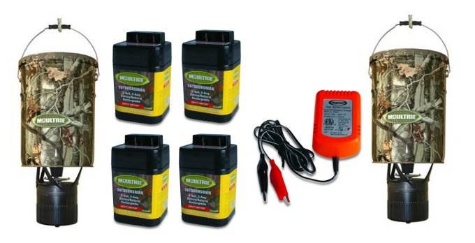 2 MOULTRIE 6.5 Gallon Econo Plus Hanging Deer Feeders + 4 6V Batteries & Charger