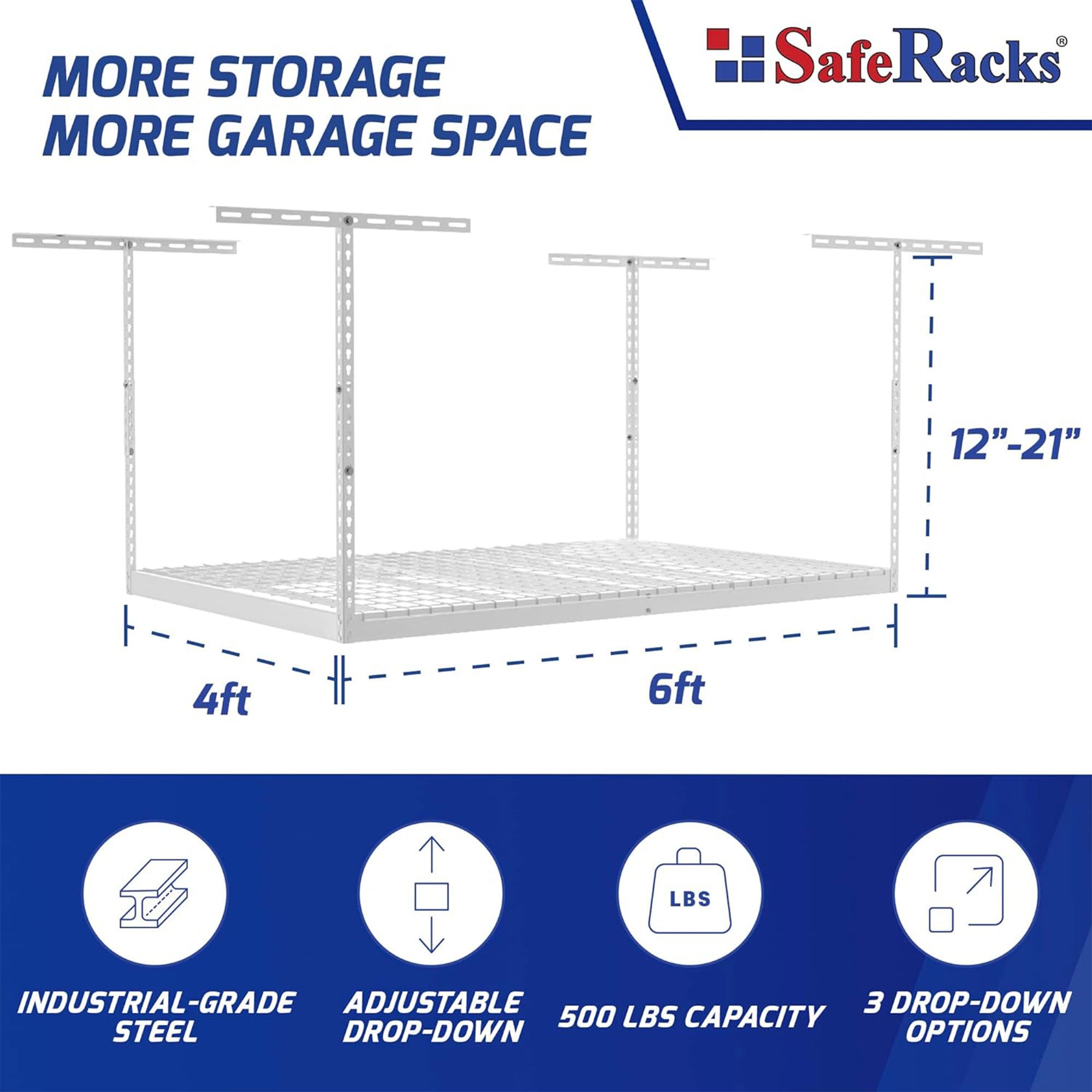 SafeRacks 4' x 6' Overhead Garage Storage Rack Holds Up to 500 Pounds, White