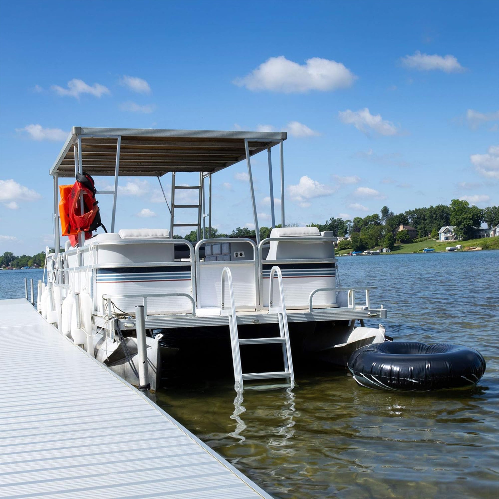 RecPro 4 Step Aluminum Pontoon Dock & Boat Boarding Ladder, Silver (Open Box) - VMInnovations