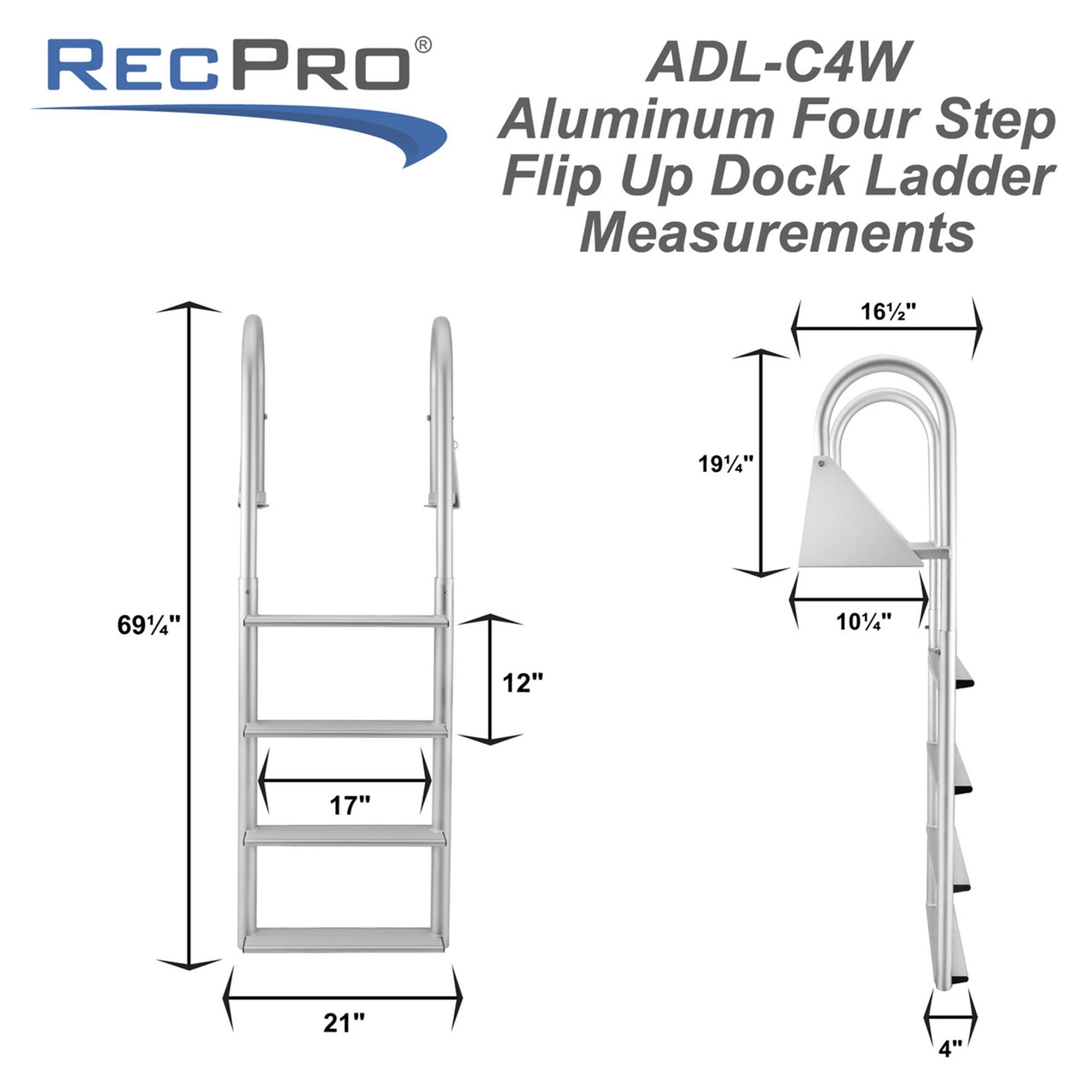 RecPro 4 Step Aluminum Marine Grade Dock Pier Flip Up Ladder, Silver (Open Box) - VMInnovations