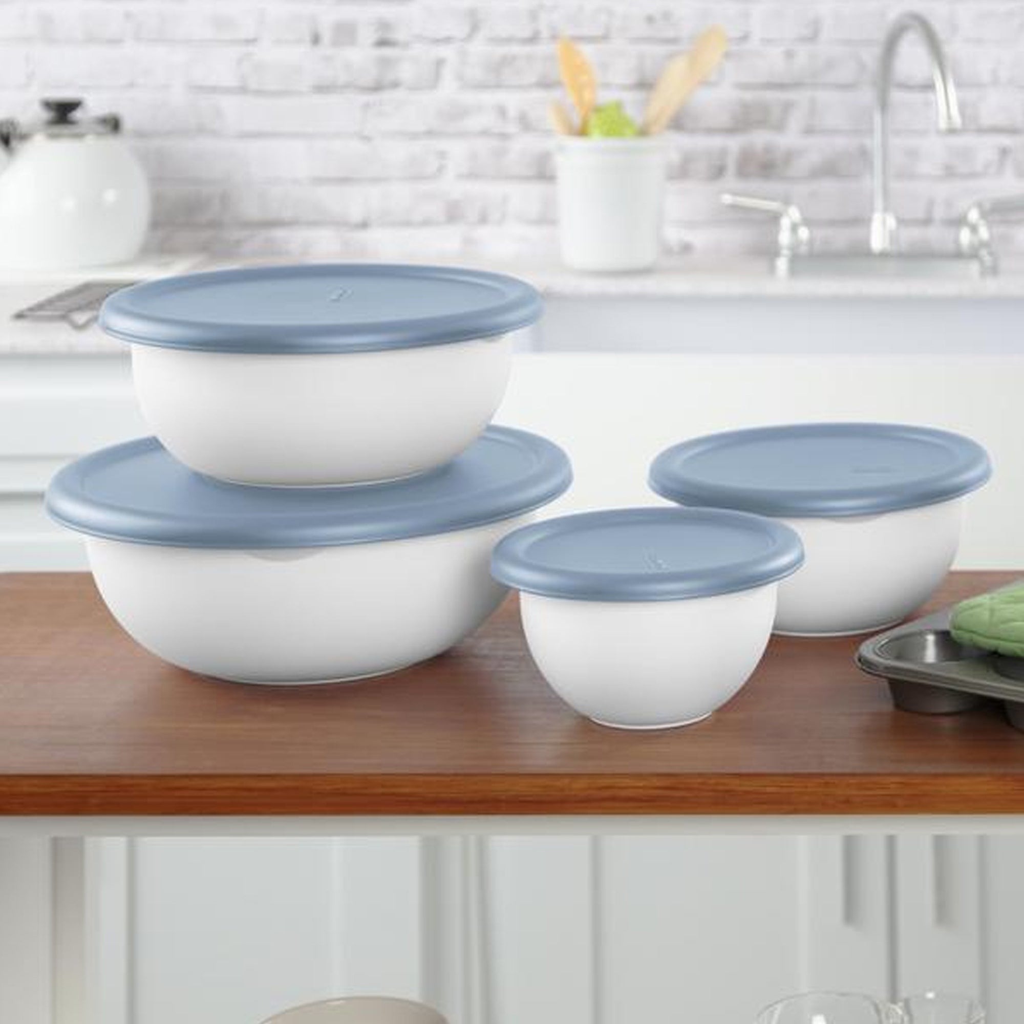 Sterilite Nesting Mixing Covered Bowl Set with Lids, Washed Blue, (Set of 6) - VMInnovations