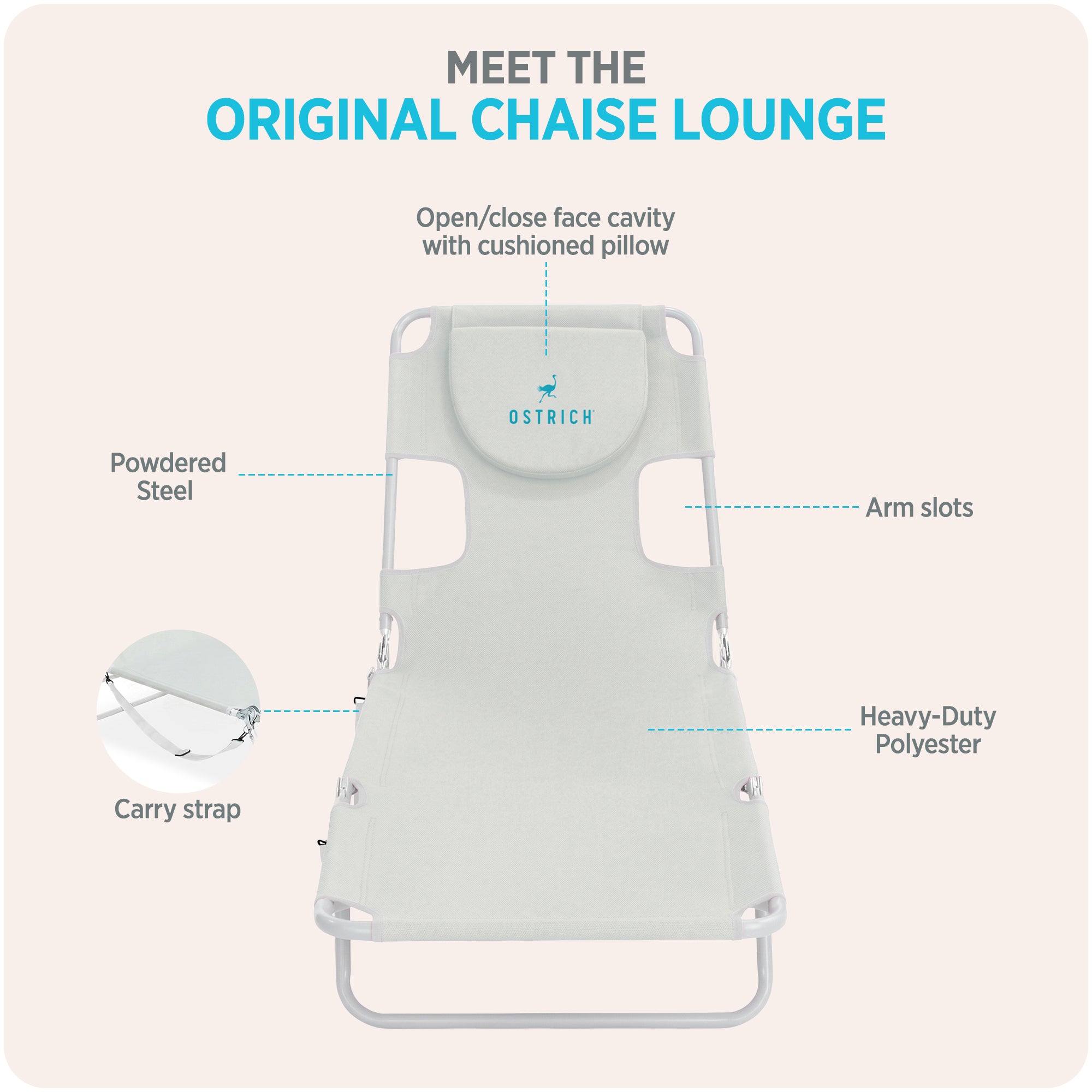 Ostrich The Original Chaise Lounge, Facedown Beach Pool Tanning Chair, White