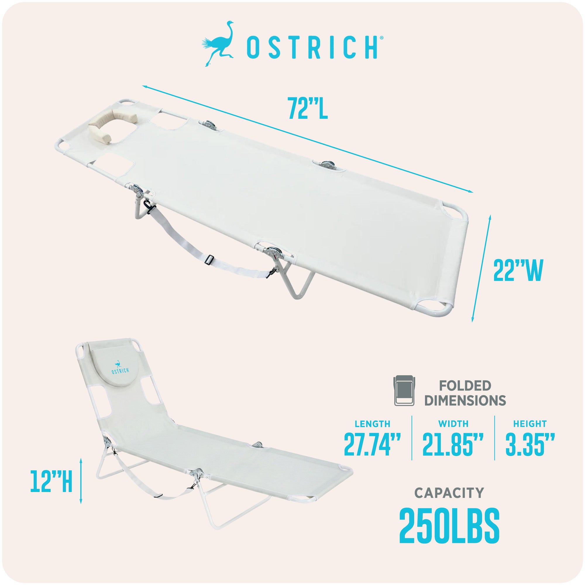 Ostrich The Original Chaise Lounge, Facedown Beach Pool Tanning Chair, White