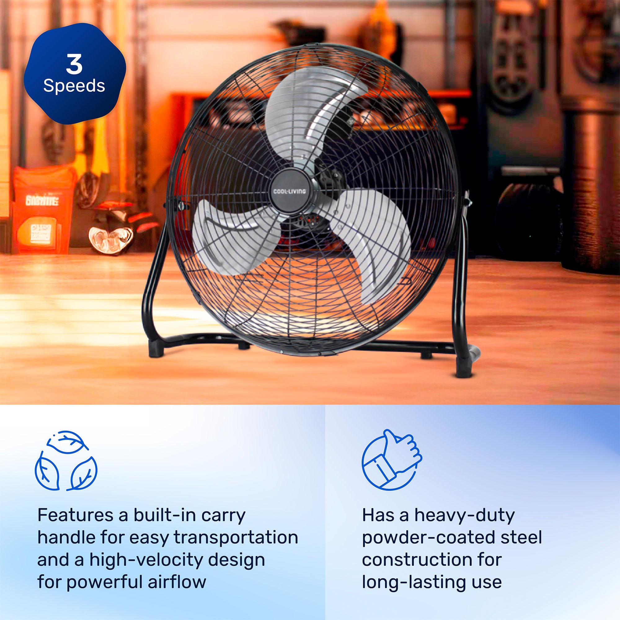 Cool-Living CL-50E-BLK 20-Inch High-Velocity Floor Fan, Cooling, Black(Open Box) - VMInnovations