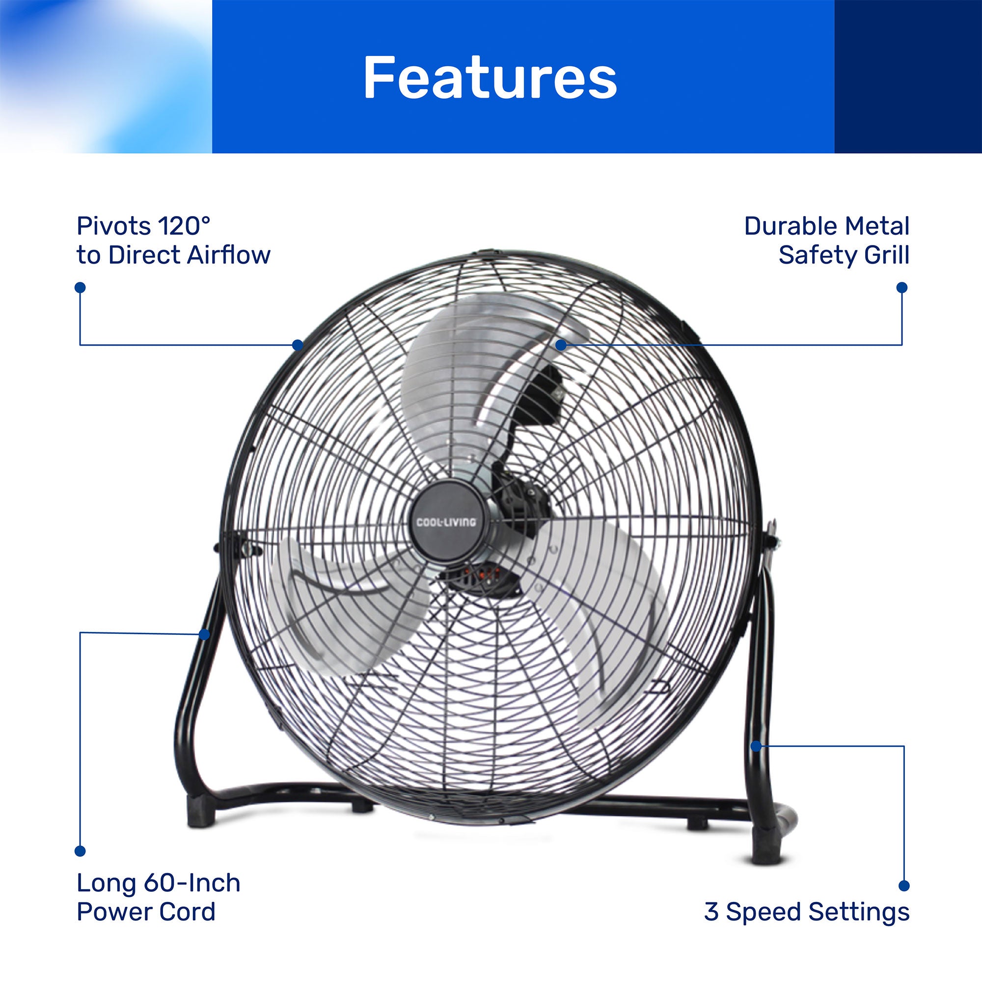Cool-Living CL-50E-BLK 20-Inch High-Velocity Floor Fan, Cooling, Black(Open Box) - VMInnovations