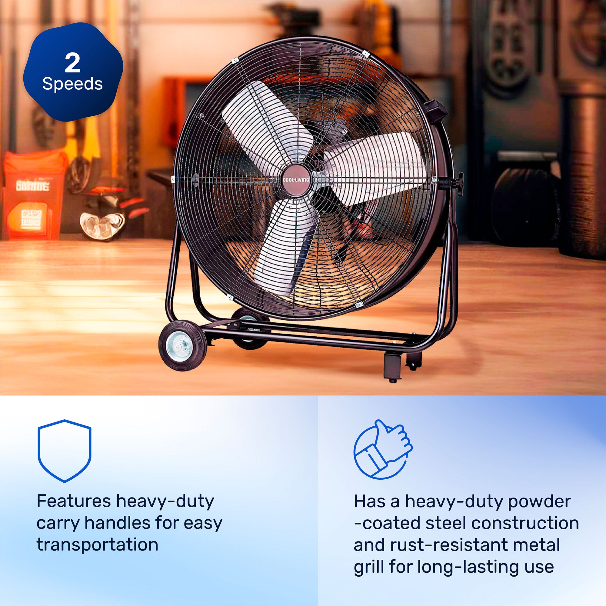 Cool-Living CL-60B-BLK Portable 24-Inch 2-Speed Tilting Drum Fan w/Wheels, Black - VMInnovations