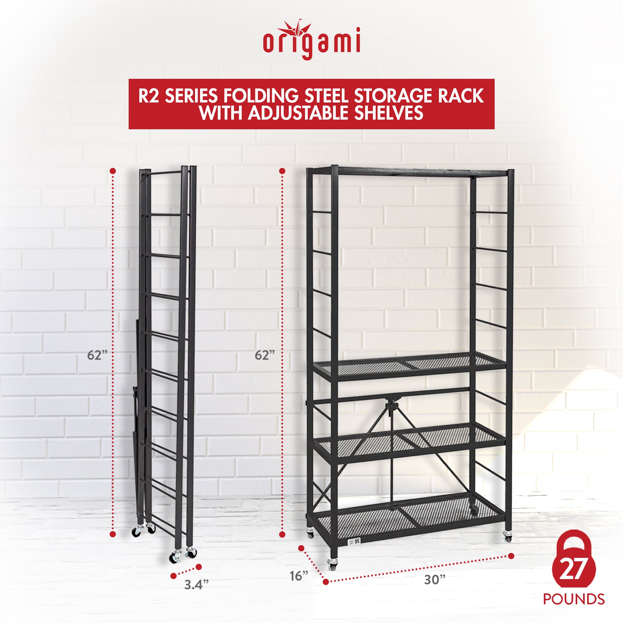 Origami R2 Series Folding Steel Storage Rack with Adjustable Shelves, Black - VMInnovations