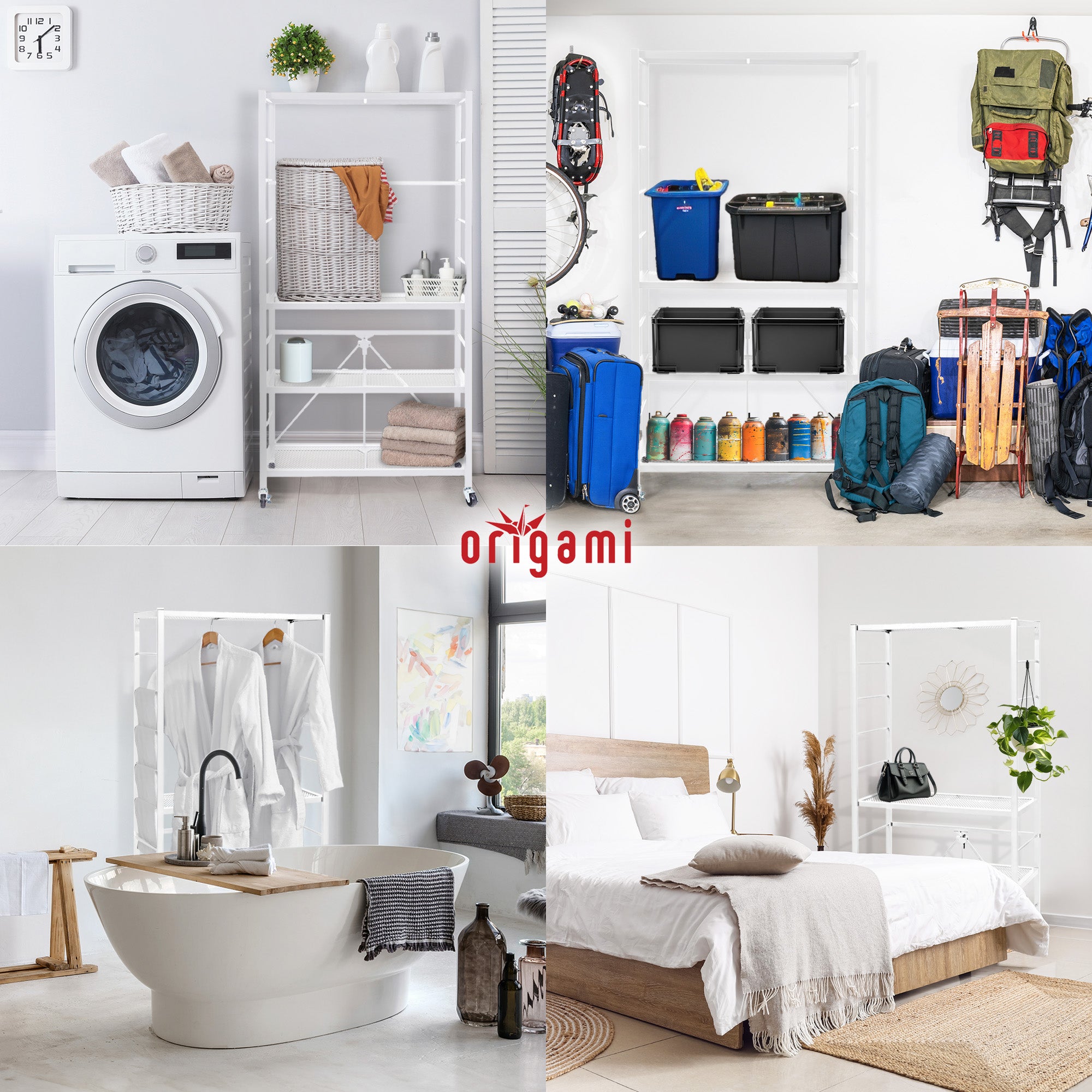Origami R2 Series Folding Steel Storage Rack with Adjustable Shelves, White - VMInnovations