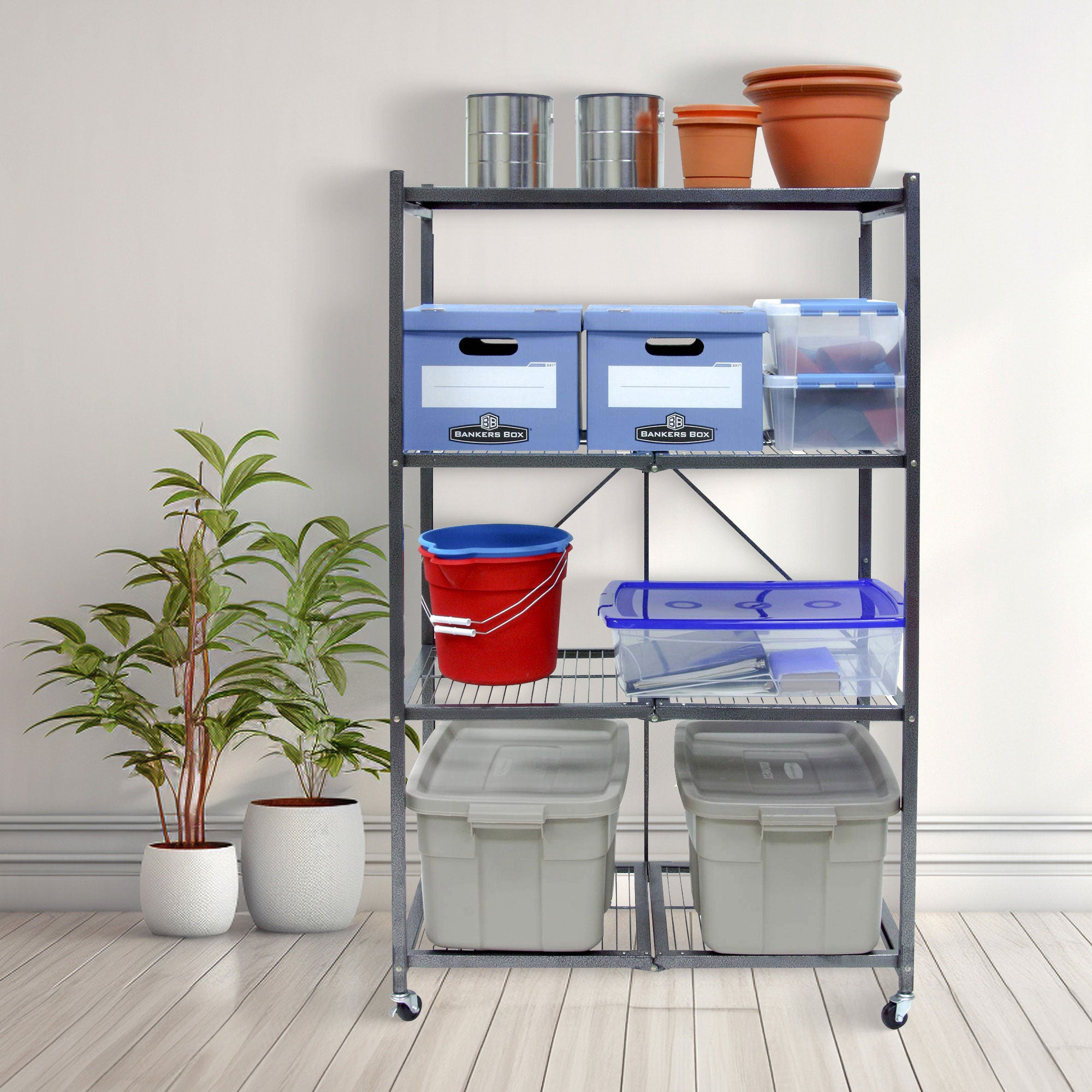 Origami R5 Foldable 4 Tier Storage Rack w/ Wheels, Pewter, Certified Refurbished - VMInnovations