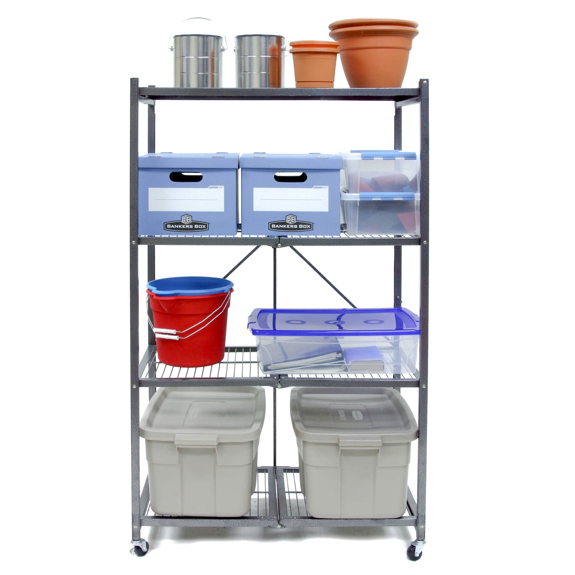 Origami R5 Foldable 4 Tier Storage Rack w/ Wheels, Pewter, Certified Refurbished - VMInnovations