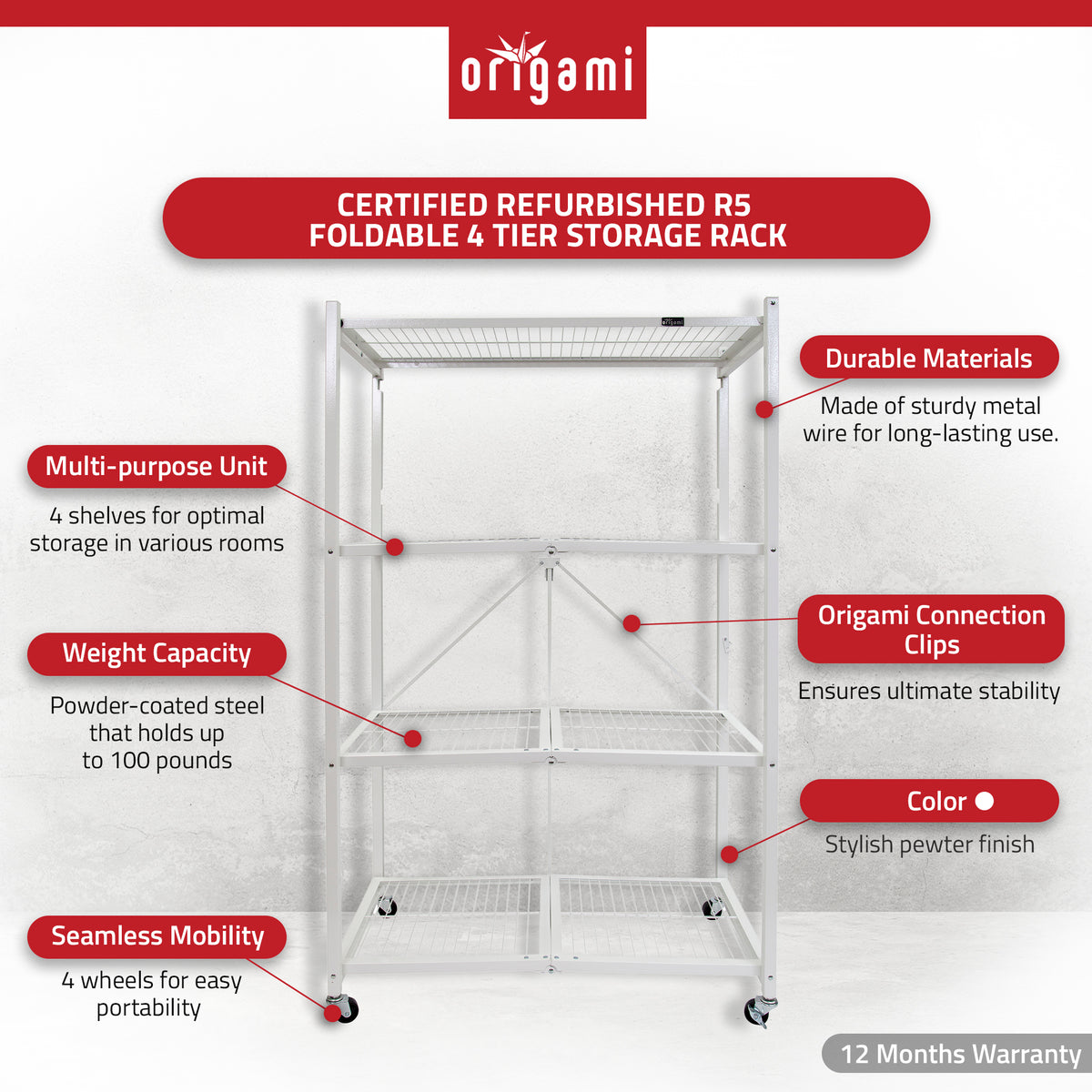 Origami R5 Foldable 4 Tier Storage Rack w/ Wheels, White, (Used) - VMInnovations