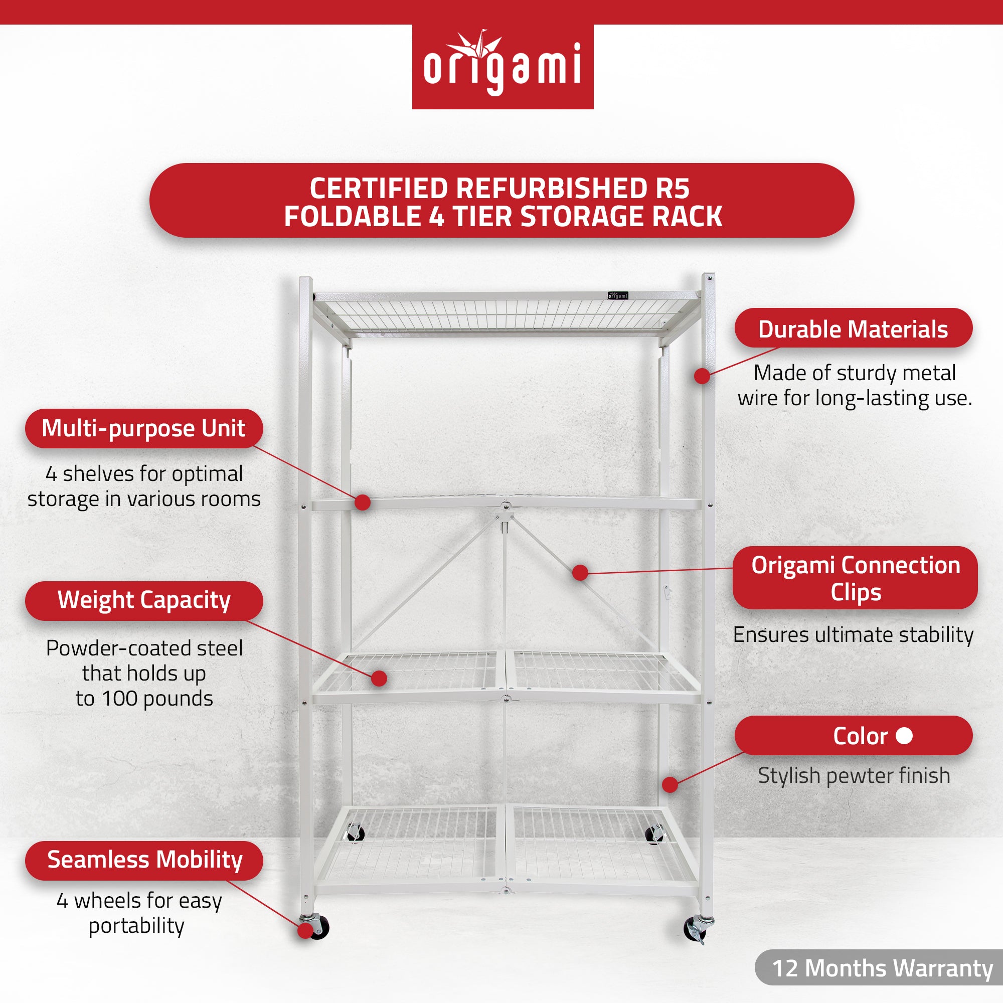 Origami R5 Foldable 4 Tier Storage Rack w/ Wheels, White, Certified Refurbished - VMInnovations