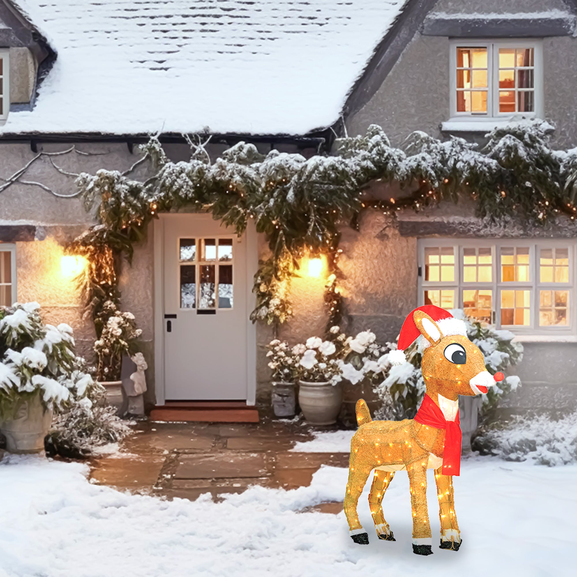 ProductWorks 32" Rudolph w/Santa Hat & Scarf Pre-Lit Yard Decor (Open Box) - VMInnovations