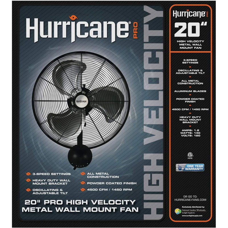 Hurricane 20 Inch Pro Series Metal Wall Mount Heavy Duty Hydroponics Fan, Black