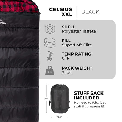 TETON Sports Celsius XXL 0 Degree Right Zipper Sleeping Bag for Camping, Black