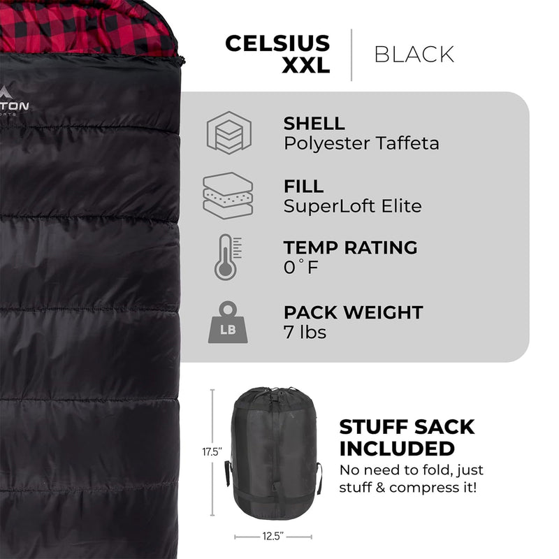 TETON Sports Celsius XXL 0 Degree Right Zipper Sleeping Bag for Camping, Black