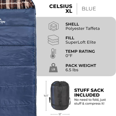 TETON Sports Celsius XL -25 Degree Right Zipper Sleeping Bag for Camping, Blue