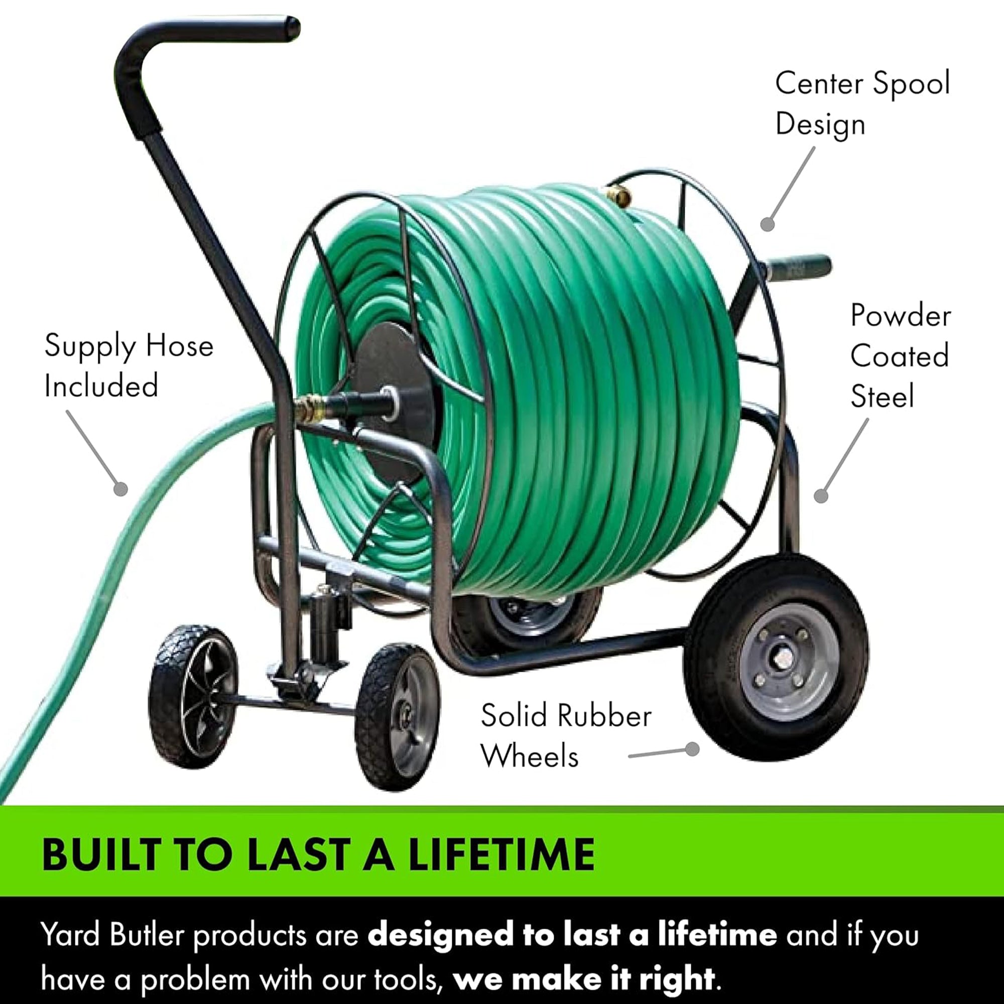 Yard Butler 4 Wheel Heavy Duty Steel Hose Truck Holds 400 Feet of Hose, Black - VMInnovations