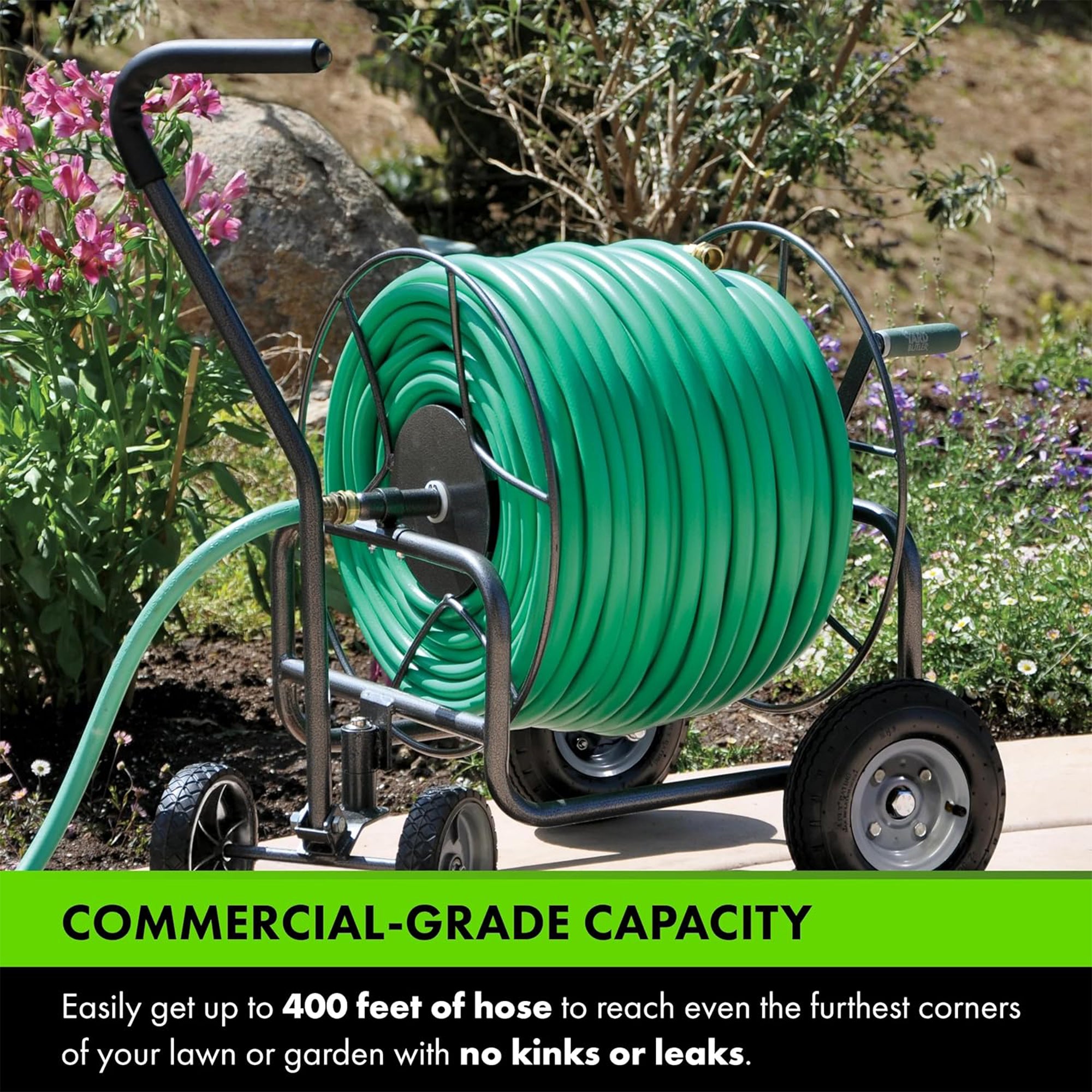 Yard Butler 4 Wheel Heavy Duty Steel Hose Truck Holds 400 Feet of Hose, Black - VMInnovations