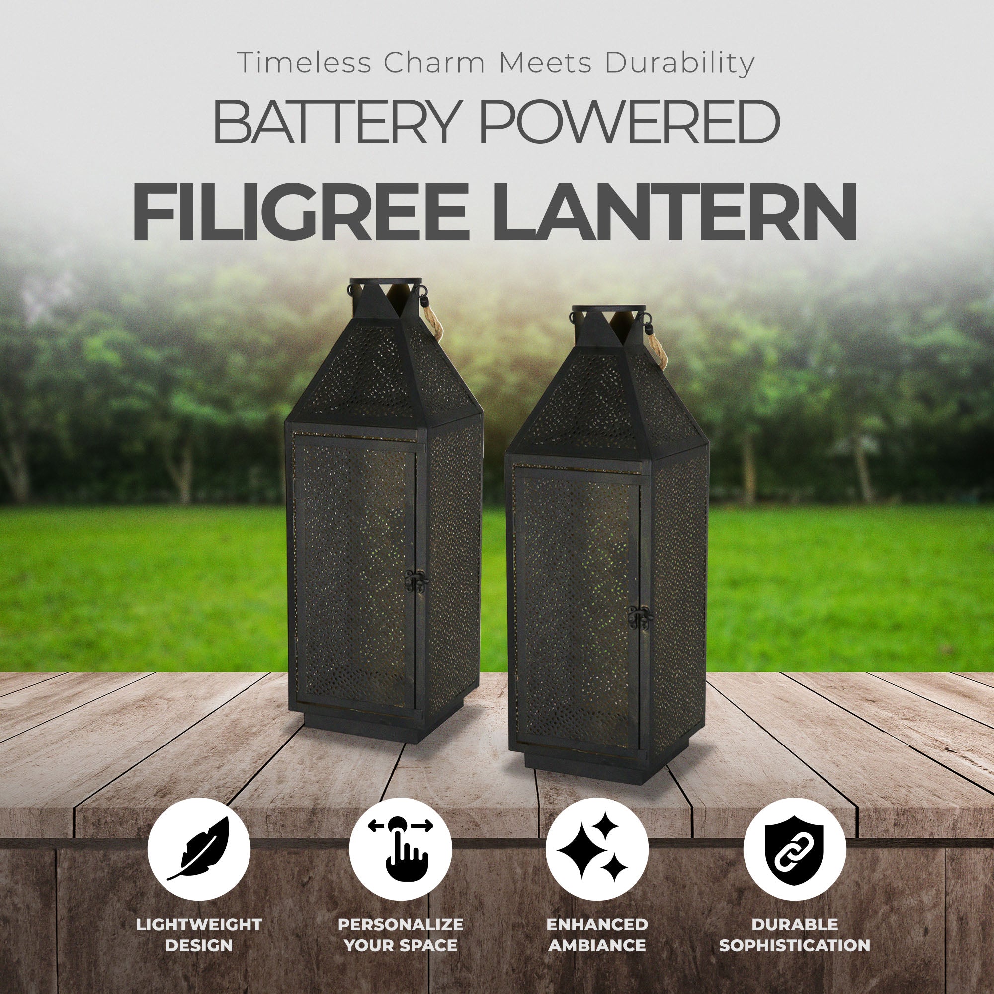 Four Seasons Courtyard 16 Inch Battery Powered 20 LED Filigree Lantern, 2 Pack