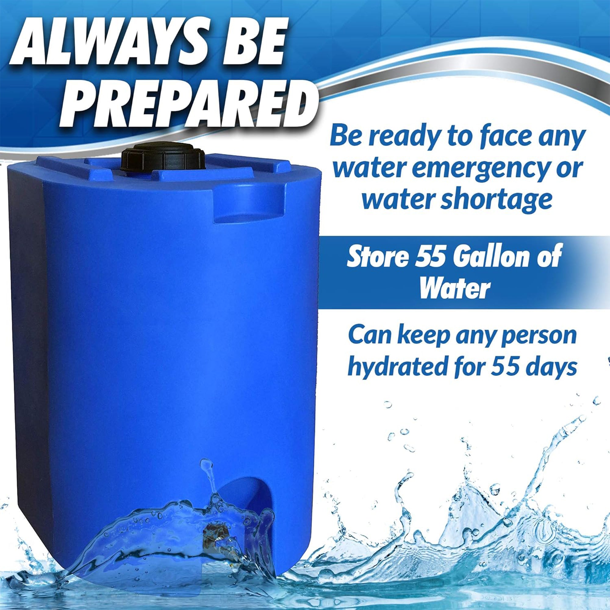 WaterPrepared 55 Gal Stackable Utility Water Tank w/Large Cap, Blue (Open Box)