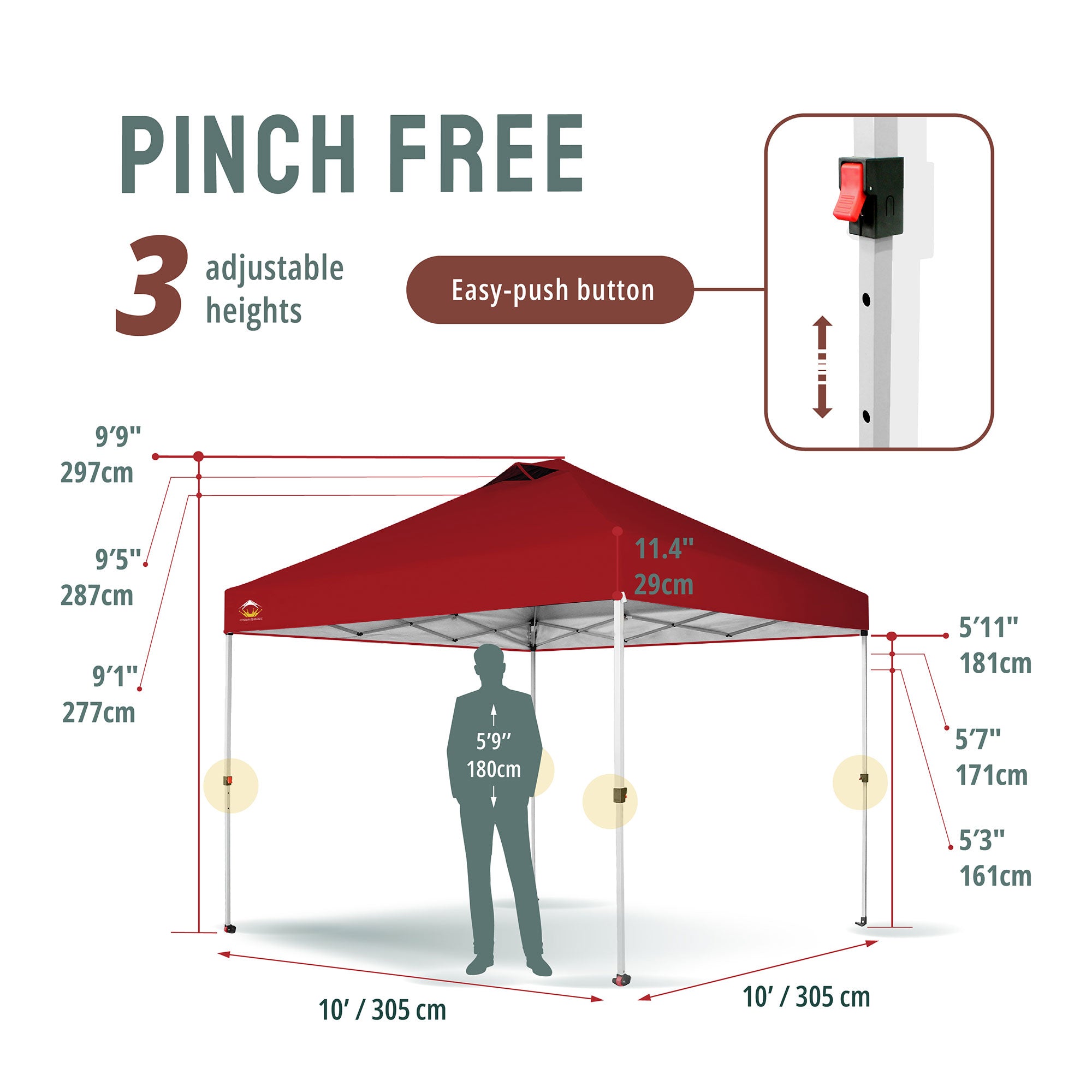 CROWN SHADES 10x10 Ft Pop Up Canopy Tent with 1 Push Center Lock, Red (Used) - VMInnovations