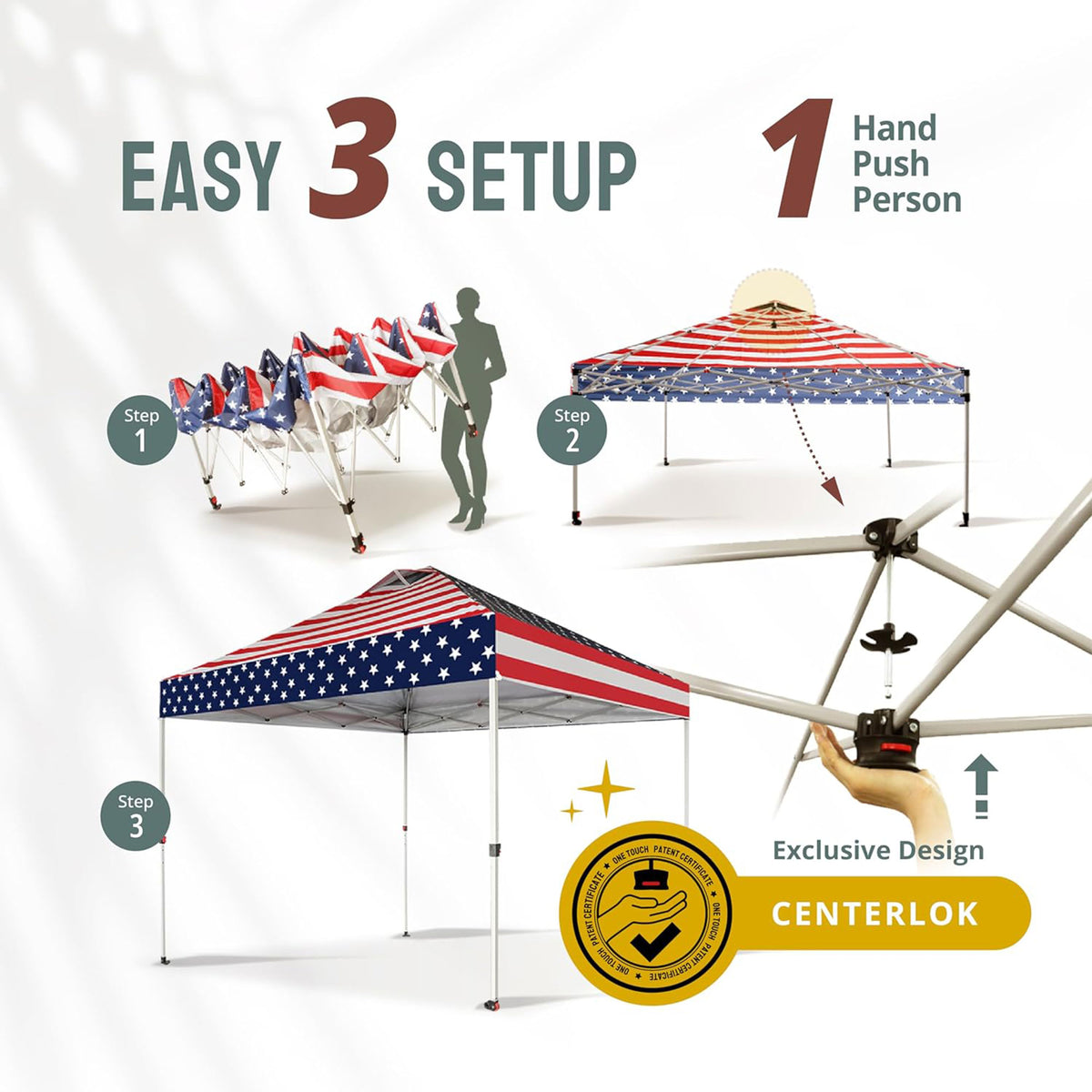 CROWN SHADES 10x10 Ft Outdoor Canopy Tent with 1 Push Center Lock, American Flag