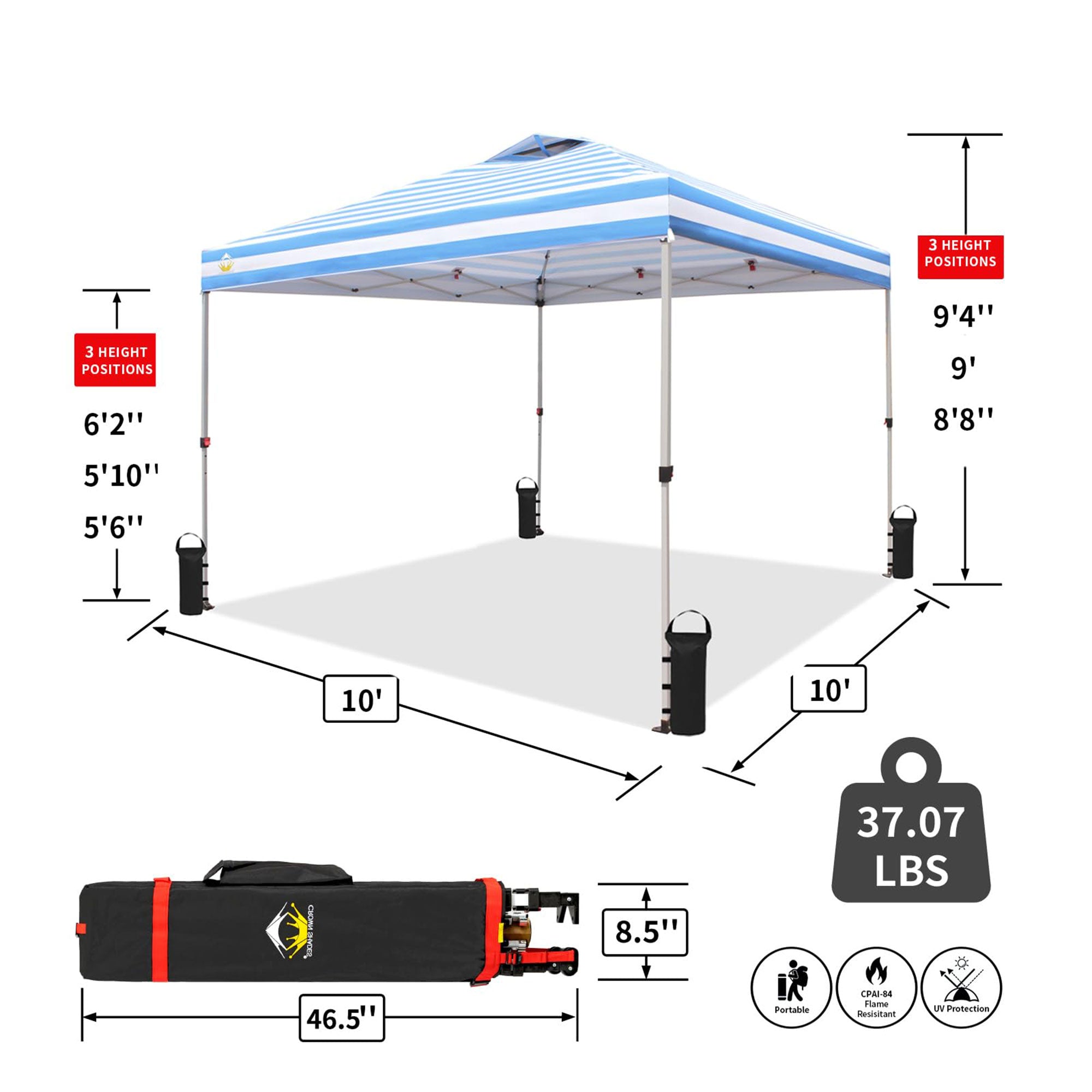 CROWN SHADES 10x10 Ft Outdoor Canopy Tent, 1 Push Center Lock, Sky Blue Stripes (Open Box) - VMInnovations