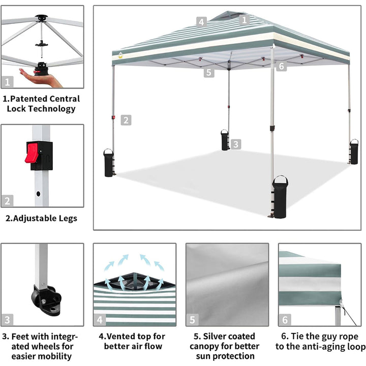 CROWN SHADES 10x10 Ft Pop Up Canopy Tent, Push Center Lock, Cyan Stripes (Used) - VMInnovations