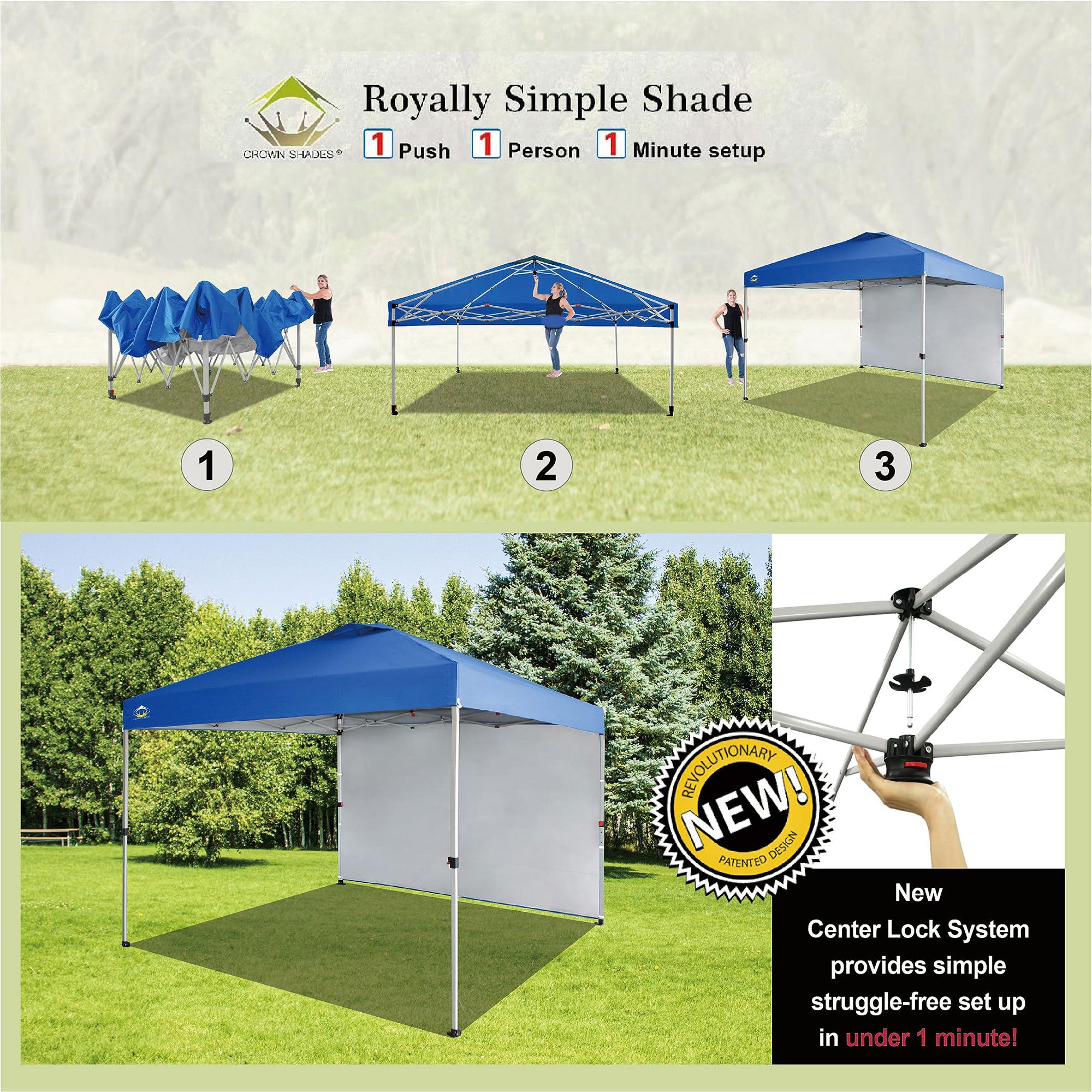 CROWN SHADES 10x10 Ft Pop Up Canopy Tent w/ Sidewall & Push Center Lock, Blue