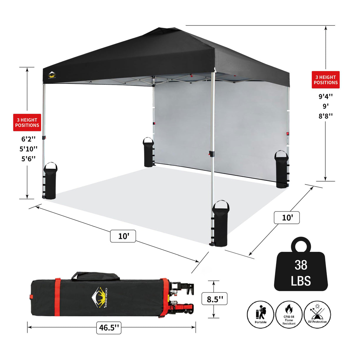 CROWN SHADES 10x10 Ft Pop Up Canopy Tent w/ Sidewall & Push Center Lock, Black