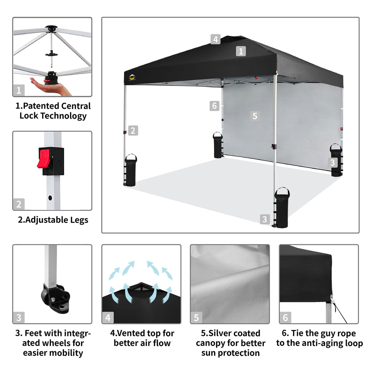 CROWN SHADES 10x10 Ft Pop Up Canopy Tent w/ Sidewall & Push Center Lock, Black