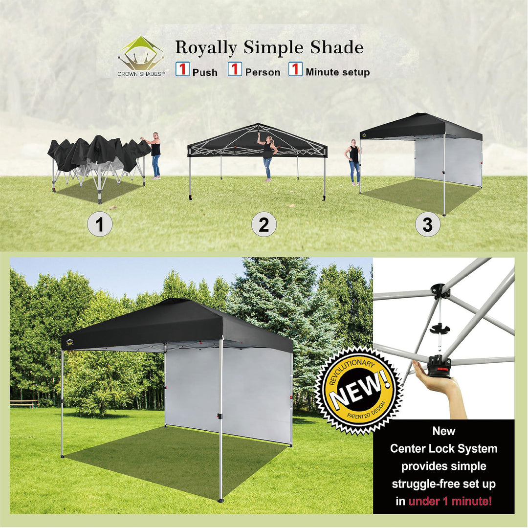CROWN SHADES 10x10 Ft Pop Up Canopy w/ Sidewall & Push Center Lock, Black (Used) - VMInnovations