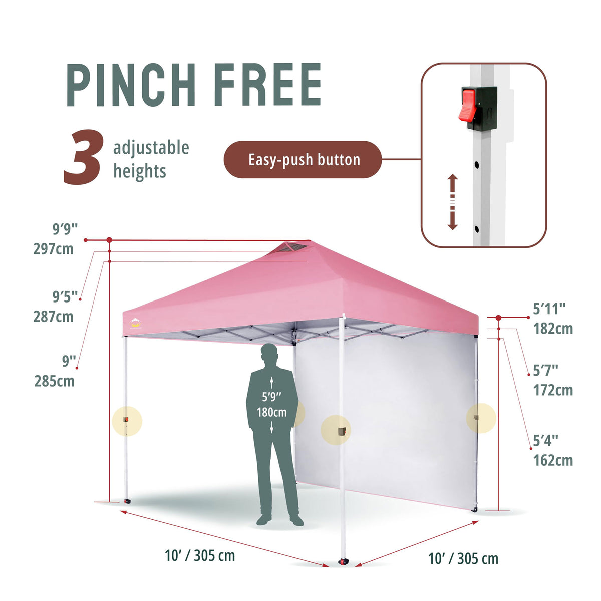 CROWN SHADES 10x10 Ft Pop Up Canopy Tent w/ Sidewall & Push Center Lock, Pink