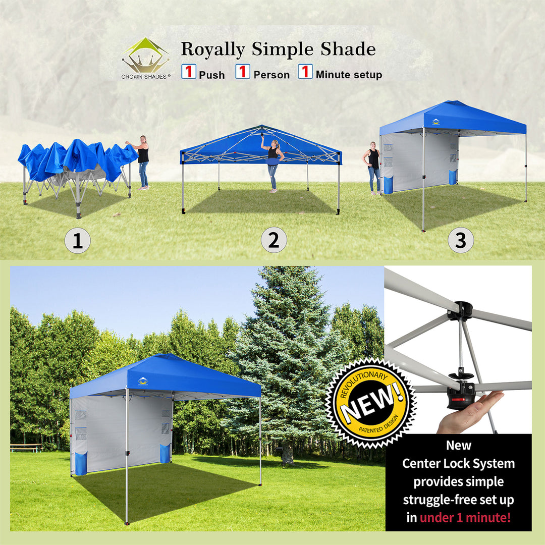 CROWN SHADES 10x10 Ft Pop Up Canopy Tent w/Organizer Pocket Sidewall, Blue(Used) - VMInnovations